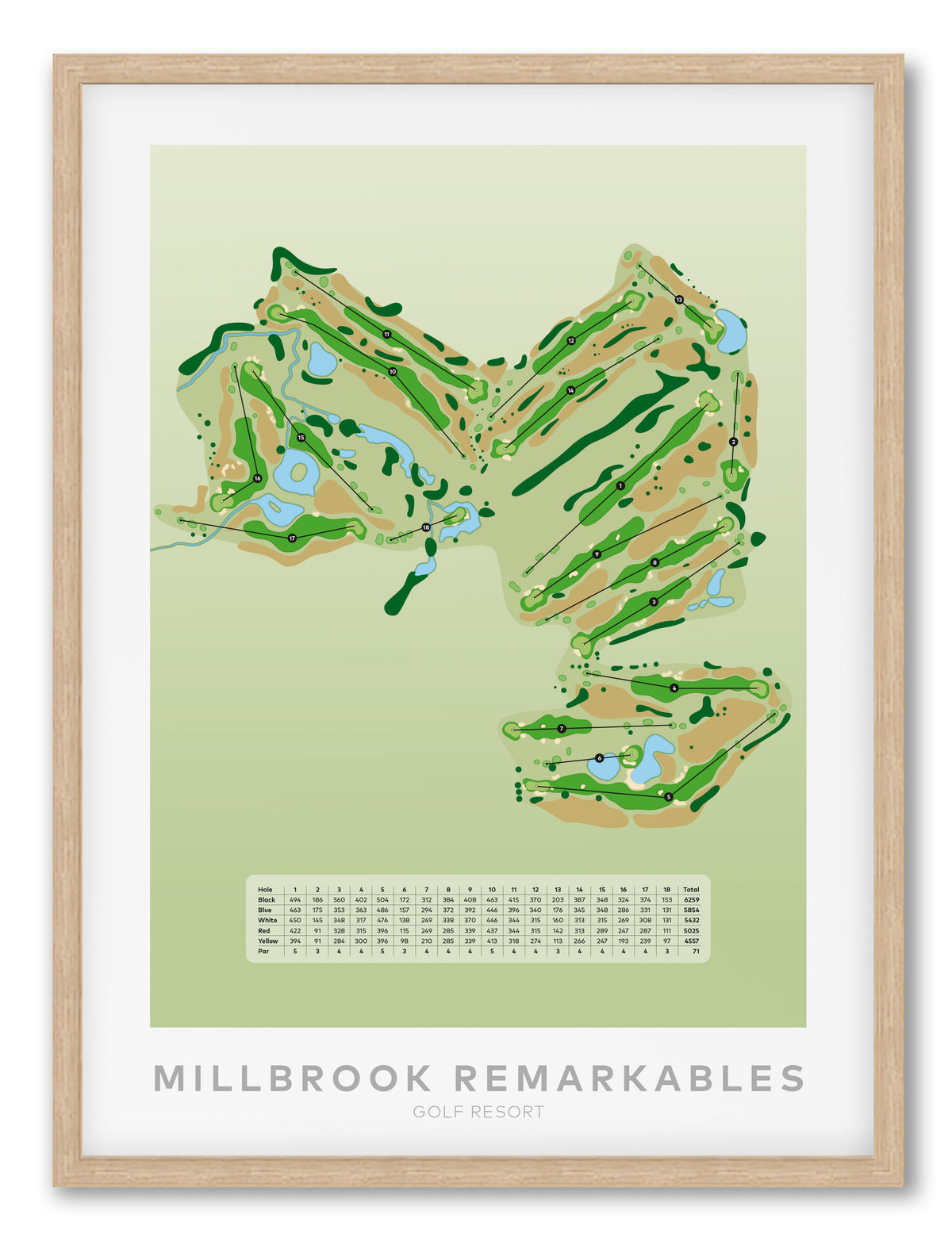 Oak framed minimalist fine art map of Millbrook - Remarkables Golf Course, Otago, Queenstown Lakes Region, New Zealand
