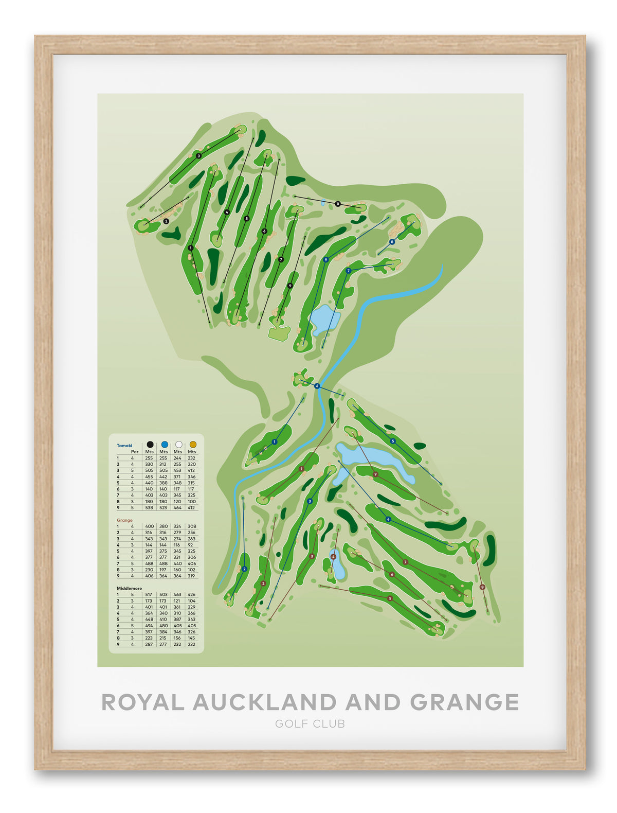 Oak framed Minimalist fine art map of Royal Auckland and Grange Golf Course, Auckland, New Zealand