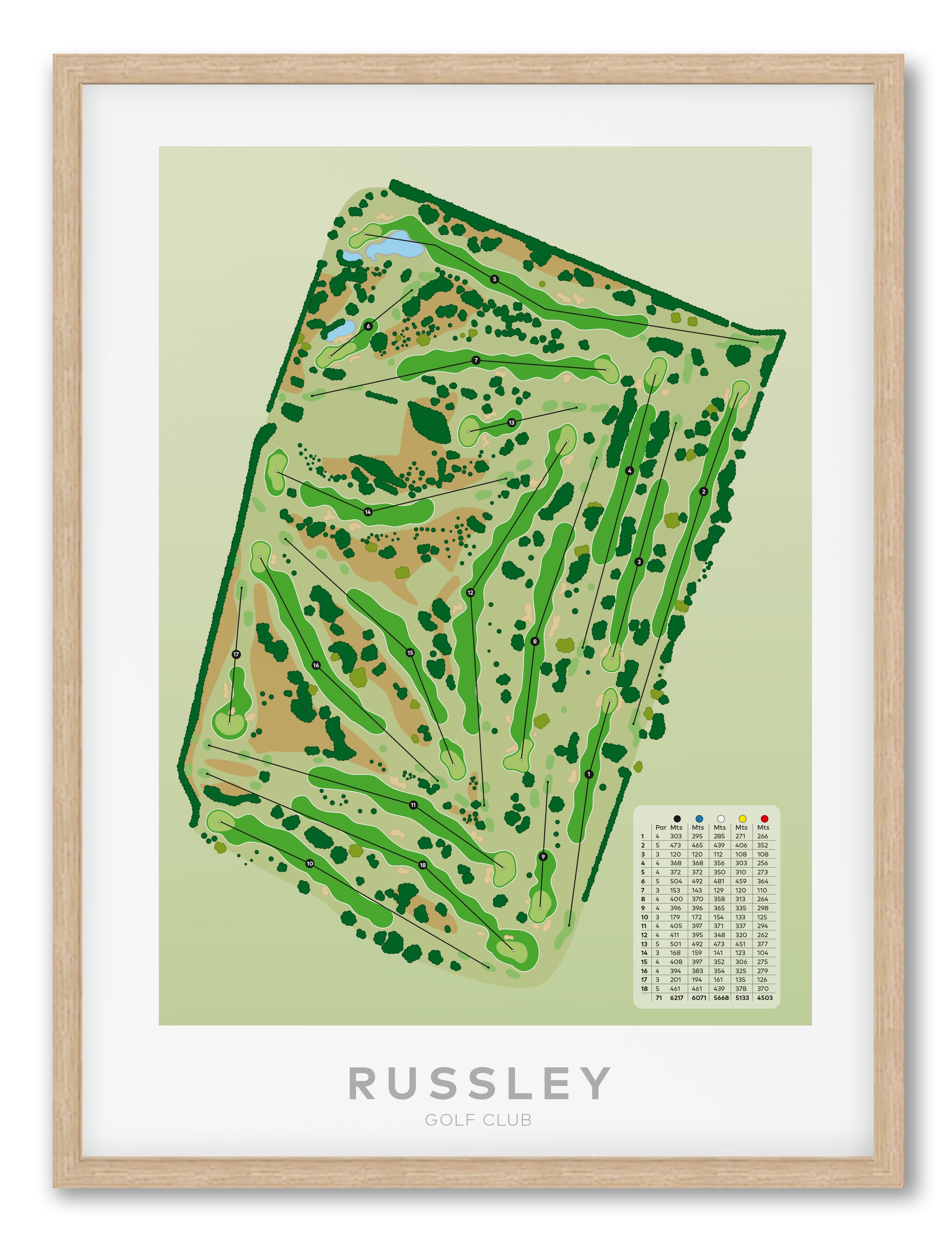 Oak framed Minimalist fine art map of Russley Golf Course, Christchurch, Canterbury, New Zealand