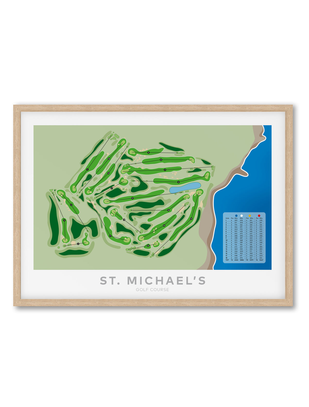 Oak framed Minimalist fine art map of St Michael's Golf Course, Sydney, New South Wales, -australia-golf-art