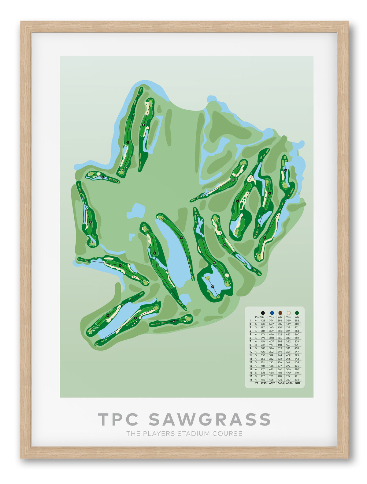 Oak framed Minimalist fine art map of TPC Sawgrass Golf Course, Ponte Vedra Beach, Florida, USA