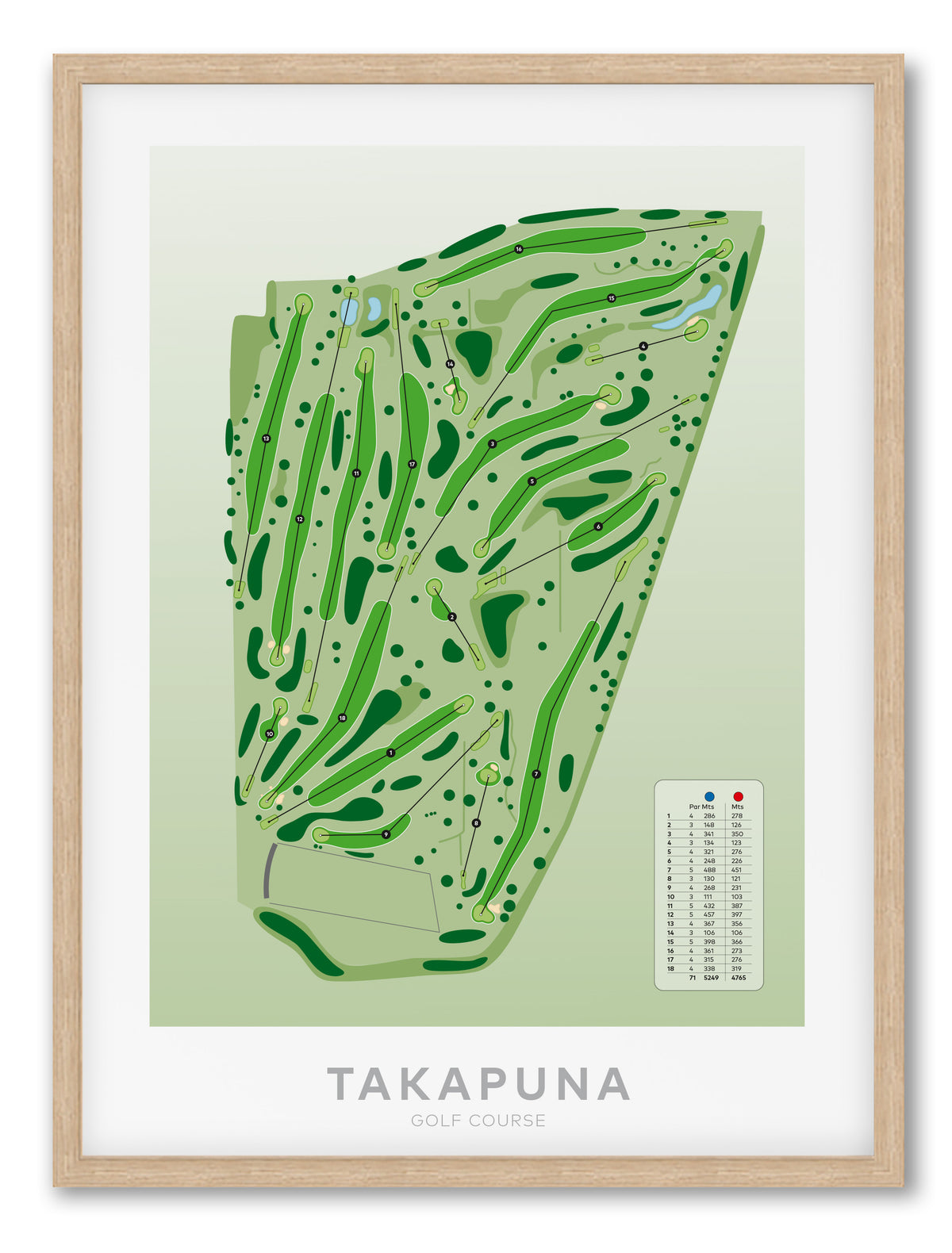 Oak framed Minimalist fine art map of Takapuna Golf Course, Auckland, New Zealand