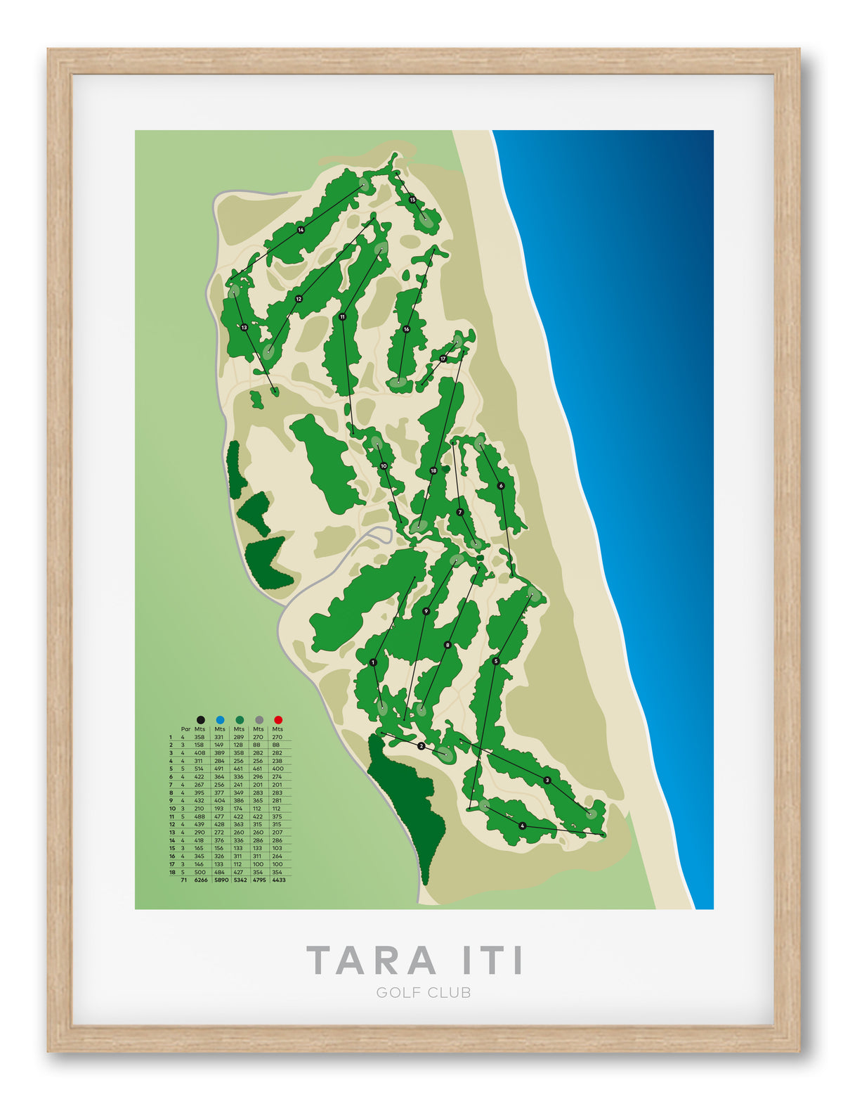 Oak framed Minimalist fine art map of Tara Iti Golf Course, Northland, New Zealand