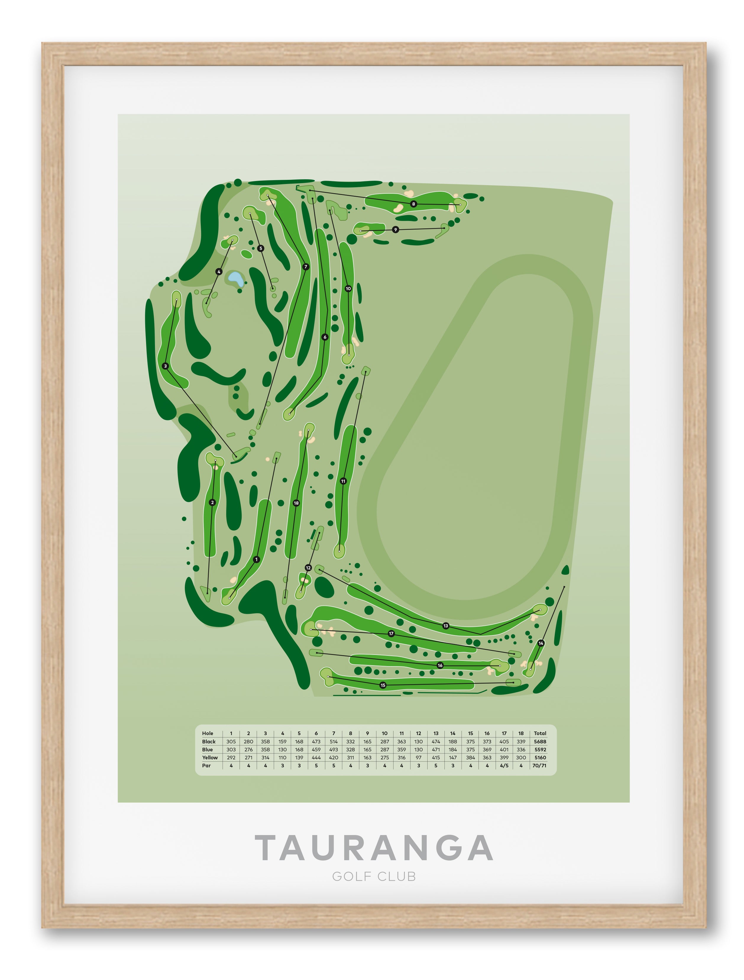 Oak framed Minimalist fine art map of Tauranga Golf Course, Bay of Plenty, New Zealand