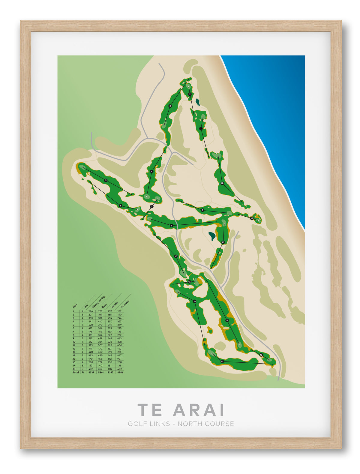 Oak framed Minimalist fine art map of Te Arai - North Golf Course, Northland, New Zealand