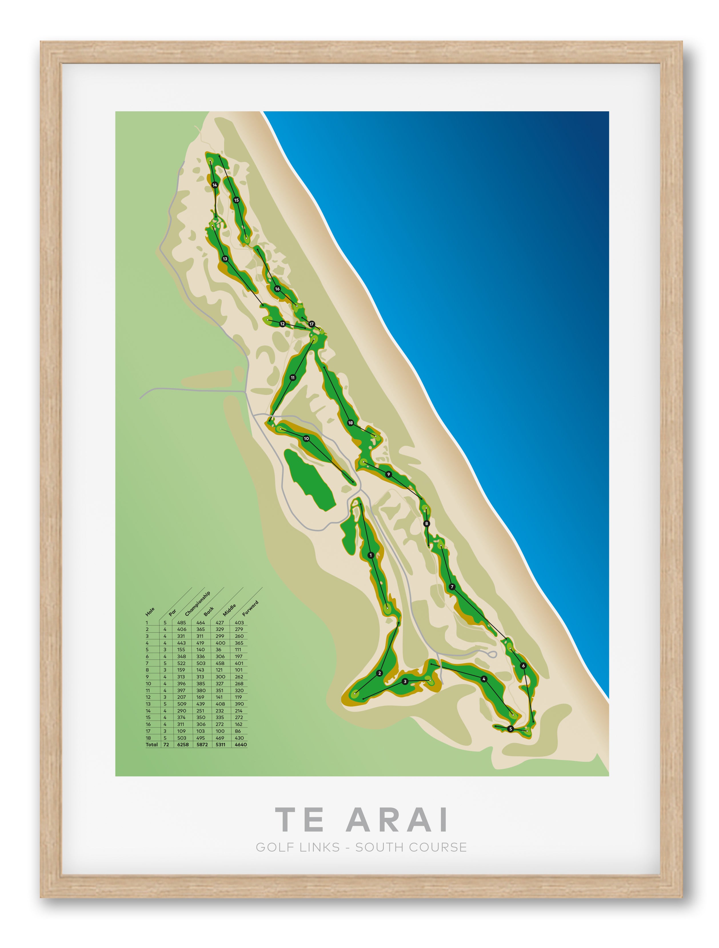 Oak framed Minimalist fine art map of Te Arai - South Golf Course, Northland, New Zealand