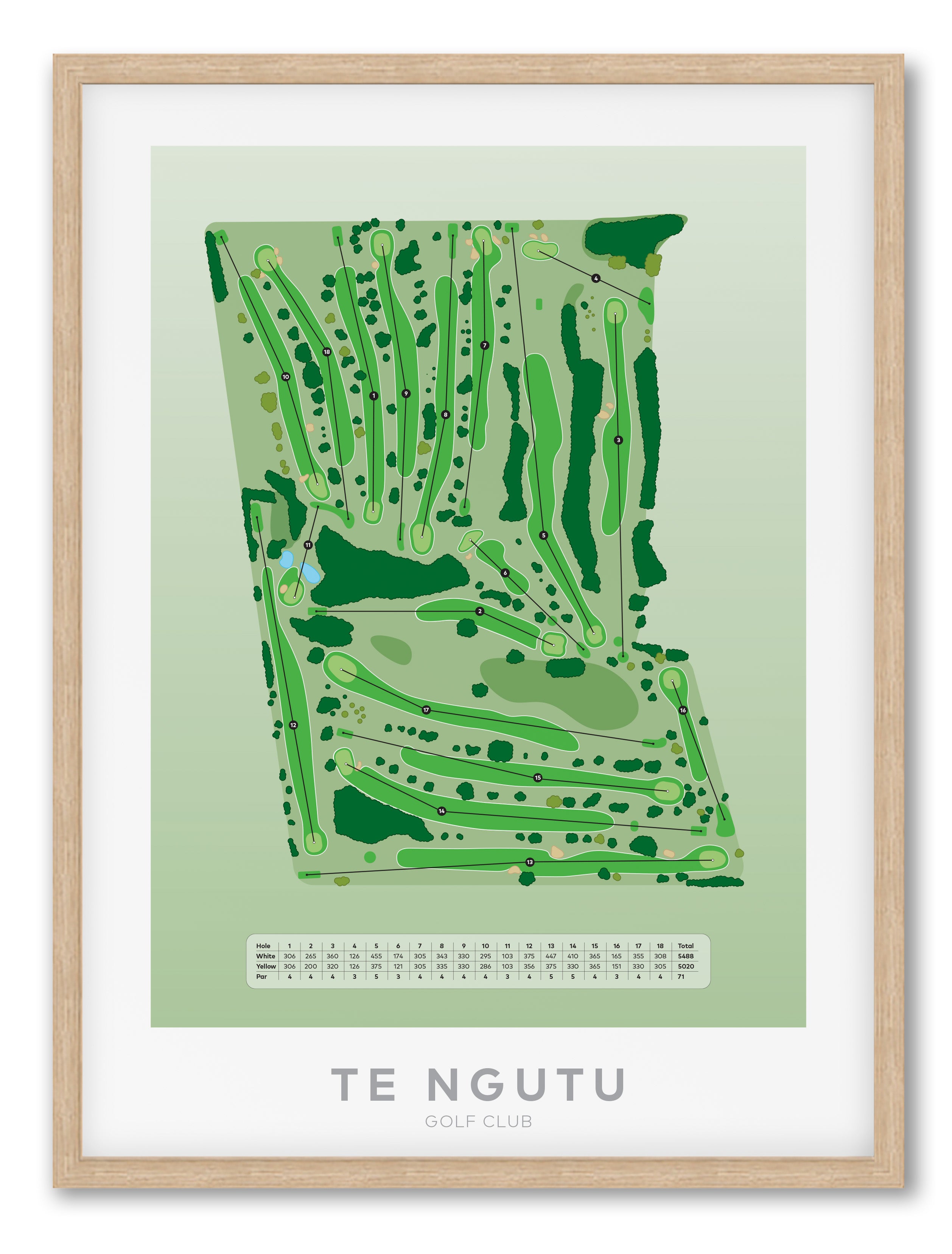 Oak framed Minimalist fine art map of Te Ngutu Golf Course, Taranaki, New Zealand
