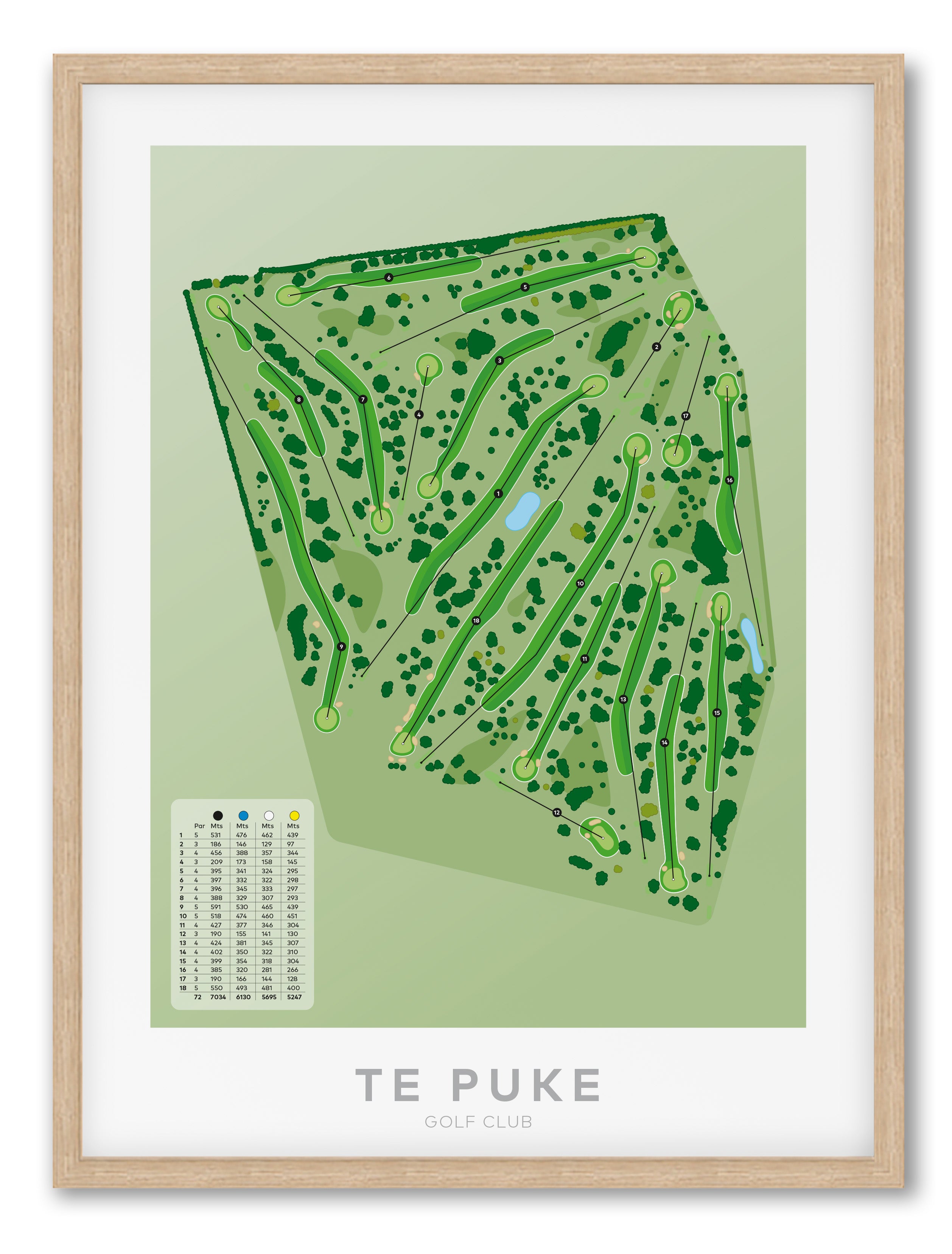 Oak framed Minimalist fine art map of Te Puke Golf Course, Bay of Plenty, New Zealand