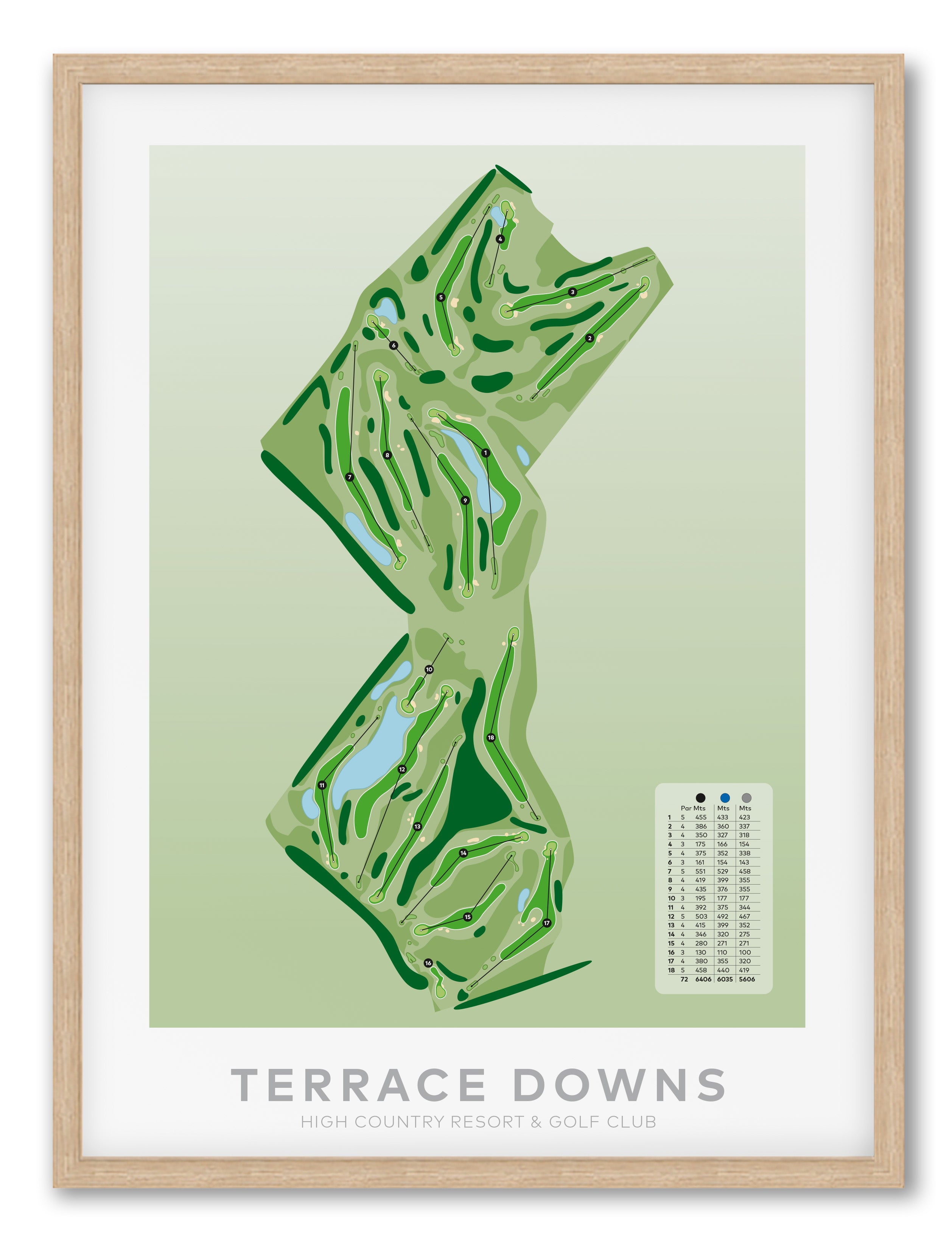 Oak framed Minimalist fine art map of Terrace Downs Golf Course, Canterbury, New Zealand