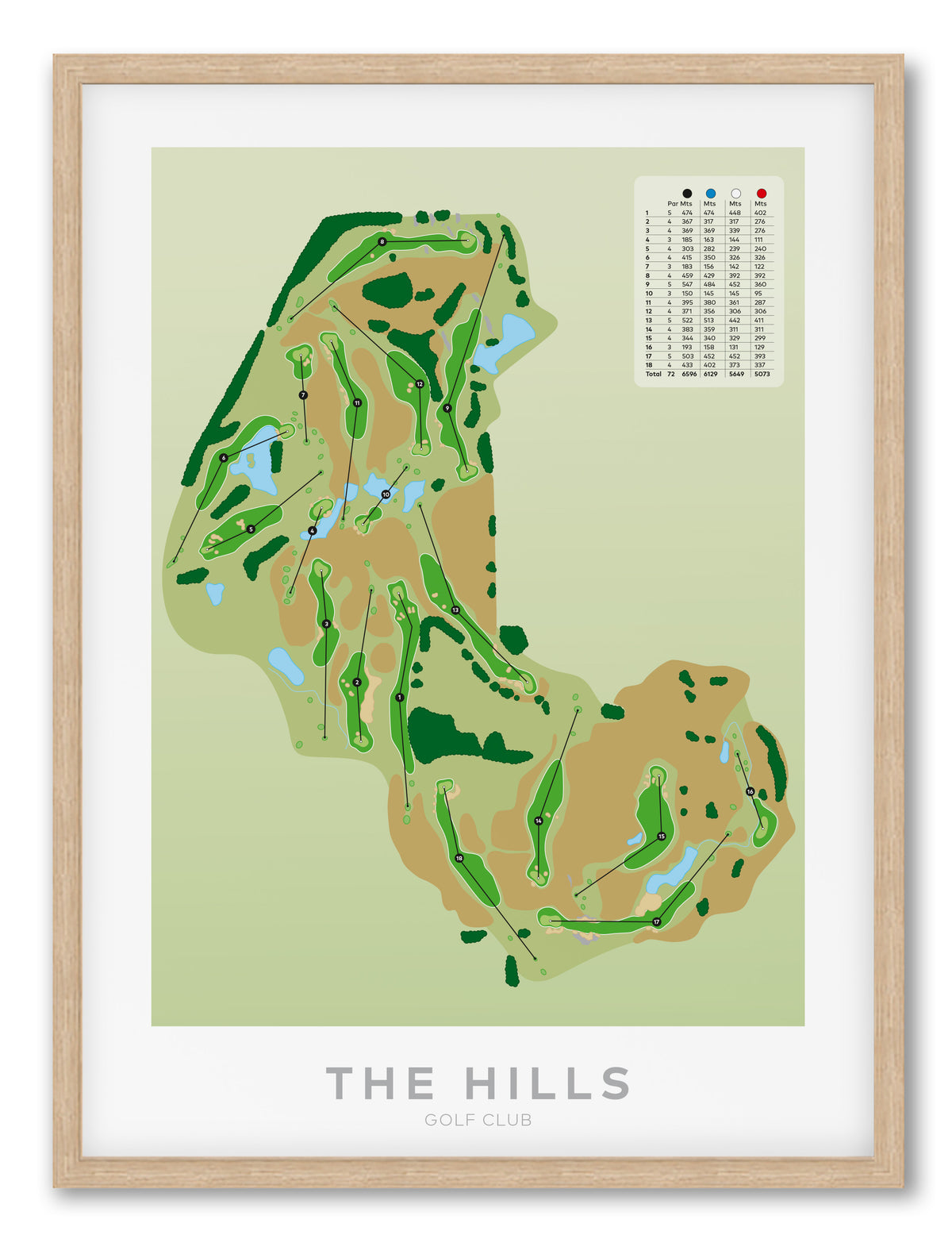 Oak framed Minimalist fine art map of The Hills Golf Course, Queenstown Lakes region, Otago, New Zealand