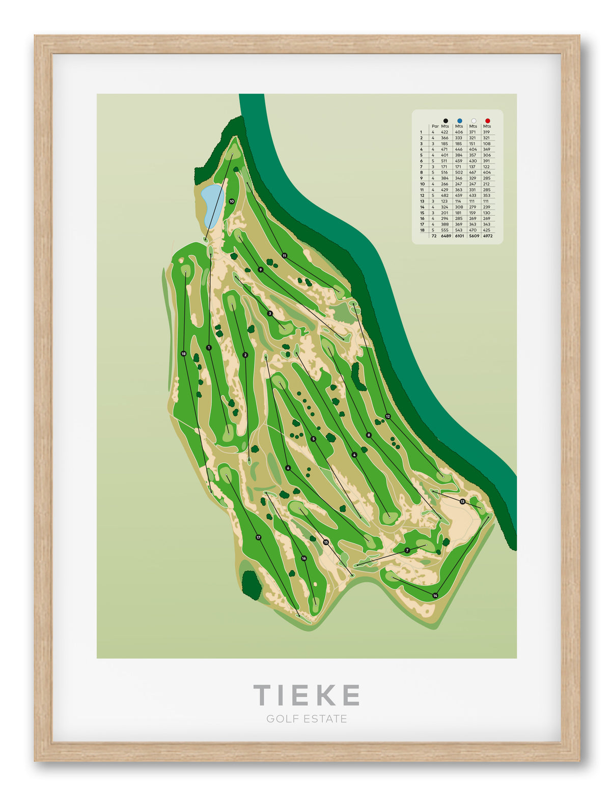 Oak framed Minimalist fine art map of Tieke Golf Course, Hamilton, Waikato, New Zealand