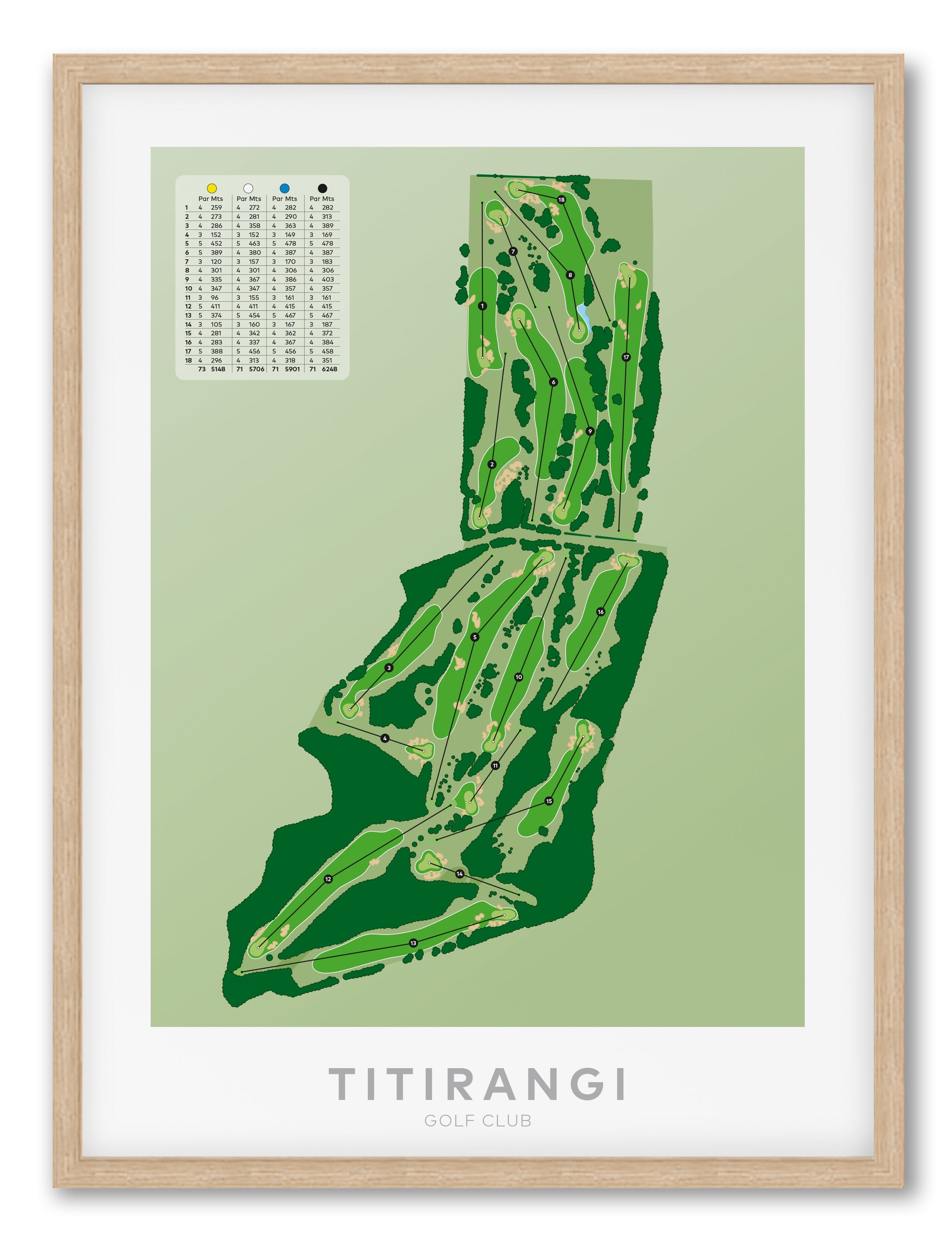 Oak framed Minimalist fine art map of Titirangi Golf Course, Auckland, New Zealand