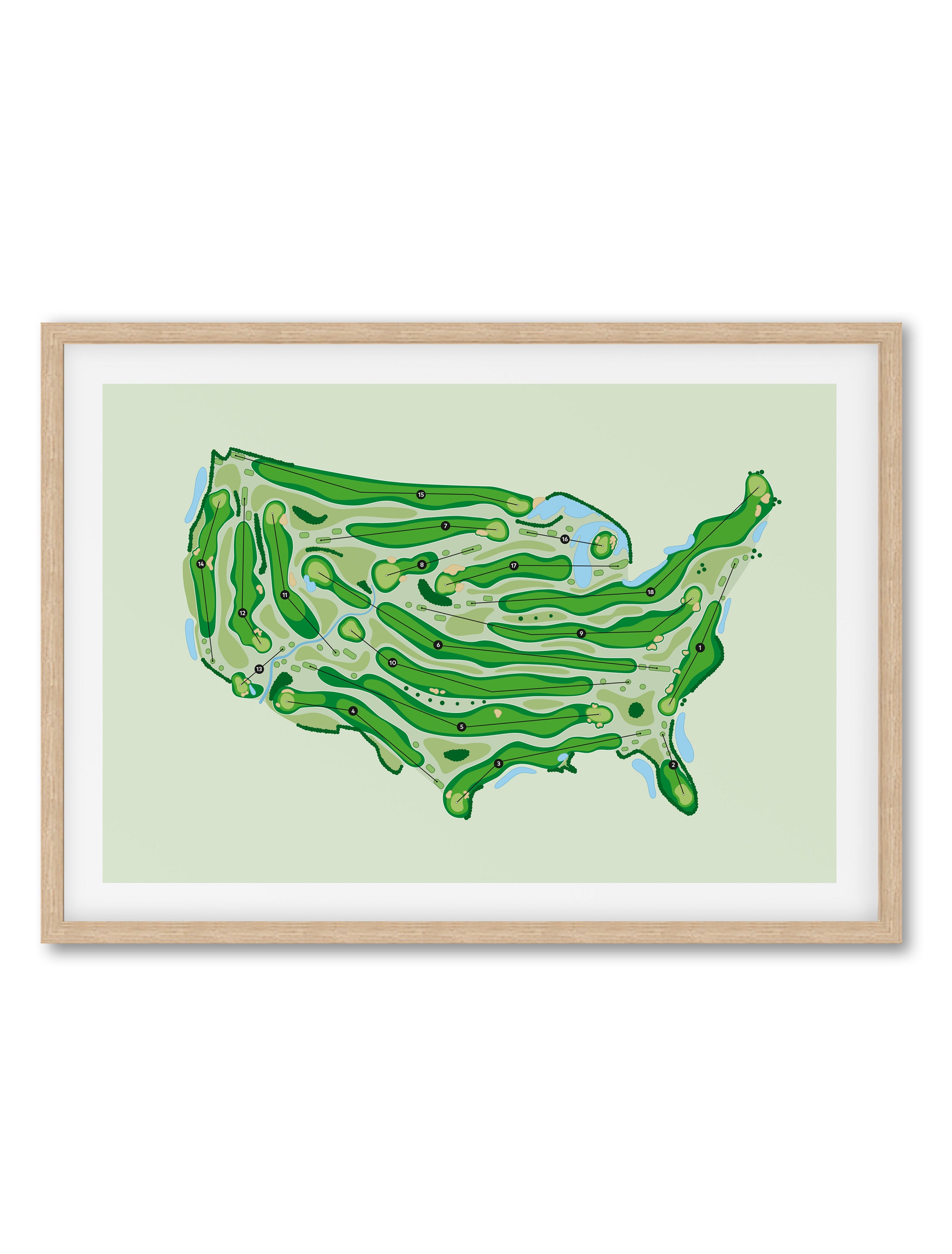 Oak Framed Minimalist fine art map of USA shaped Golf Course, A hand-drawn golf map in the outline of the USA