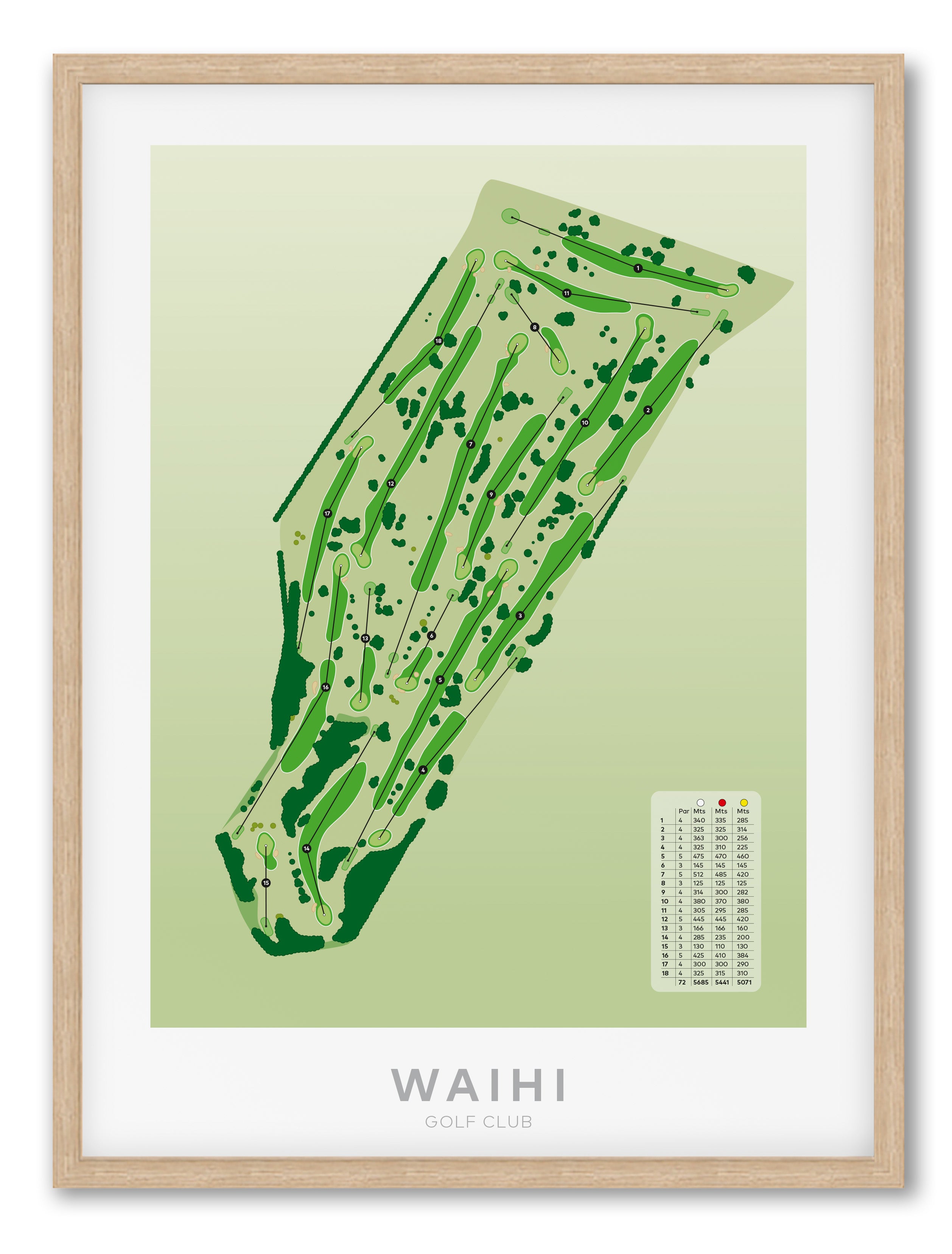 Oak framed Minimalist fine art map of Waihi Golf Course, Hauraki District, New Zealand