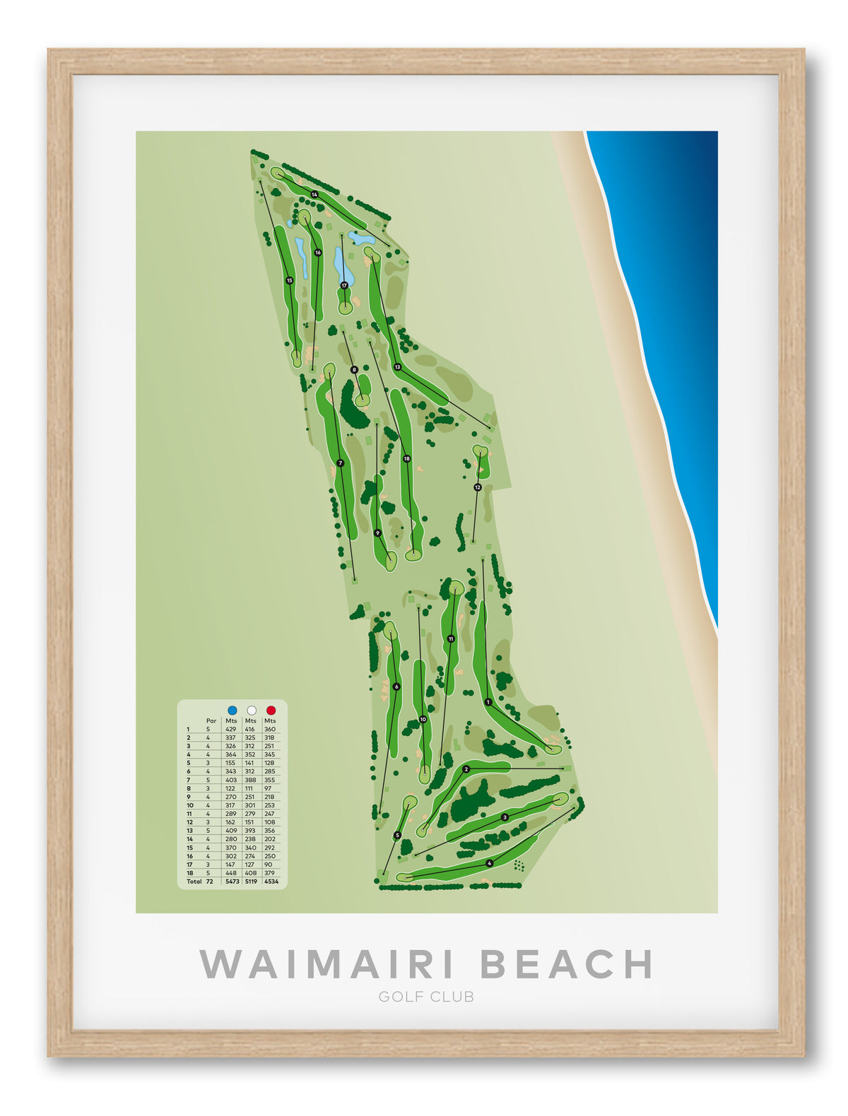 Oak framed Minimalist fine art map of Waimairi Beach Golf Course, Christchurch, Canterbury, New Zealand
