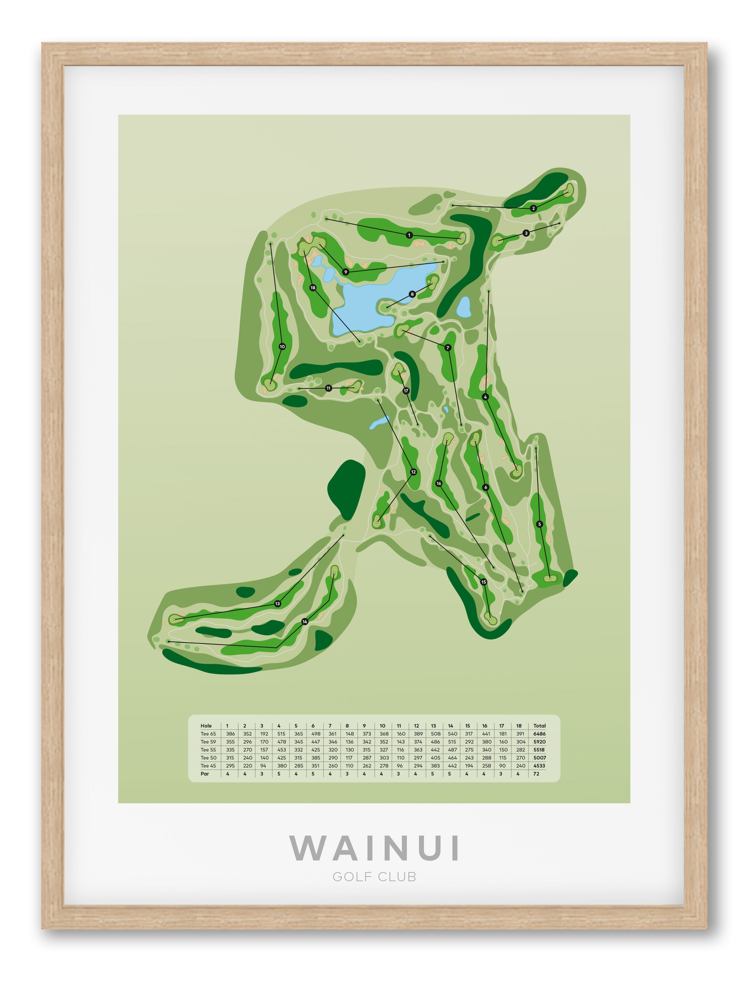 Oak framed Minimalist fine art map of Wainui Golf Course, North Shore, Auckland, New Zealand