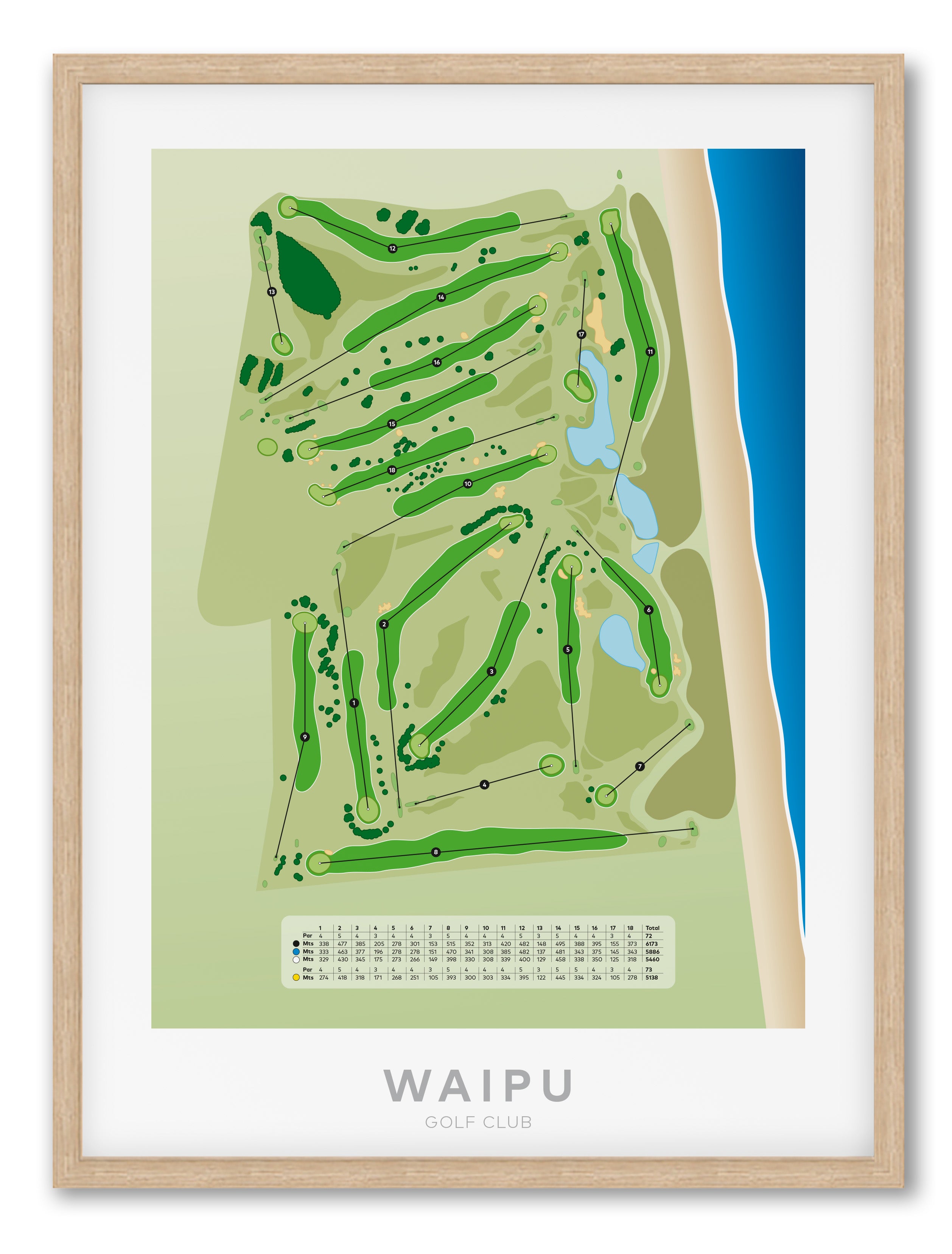 Oak framed Minimalist fine art map of Waipu Golf Course, Northland, New Zealand
