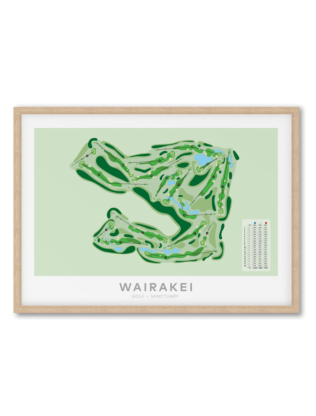 Oak Framed Minimalist fine art map of Wairakei Golf + Sanctuary Golf Course, Taupo, Waikato, New Zealand