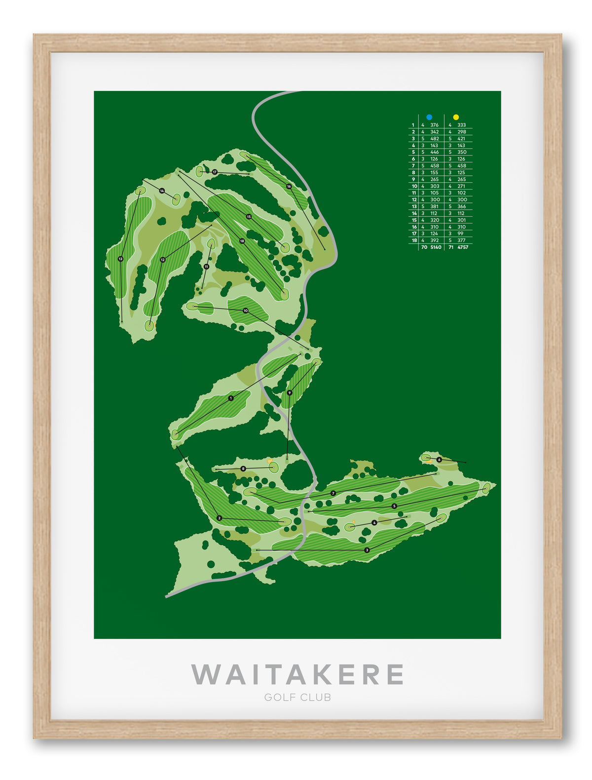 Oak framed Minimalist fine art map of Waitakere Golf Course, Auckland, New Zealand