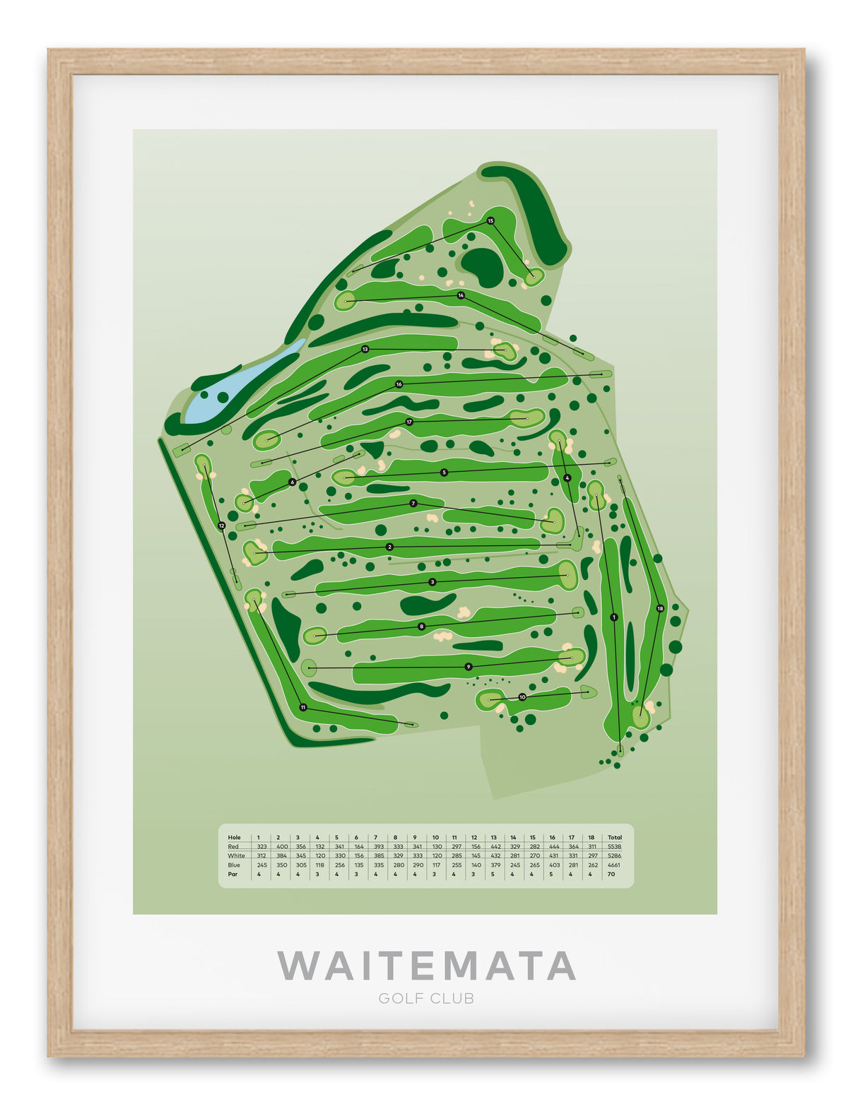 Oak framed Minimalist fine art map of Waitemata Golf Course, North Shore, Devonport, Auckland, New Zealand