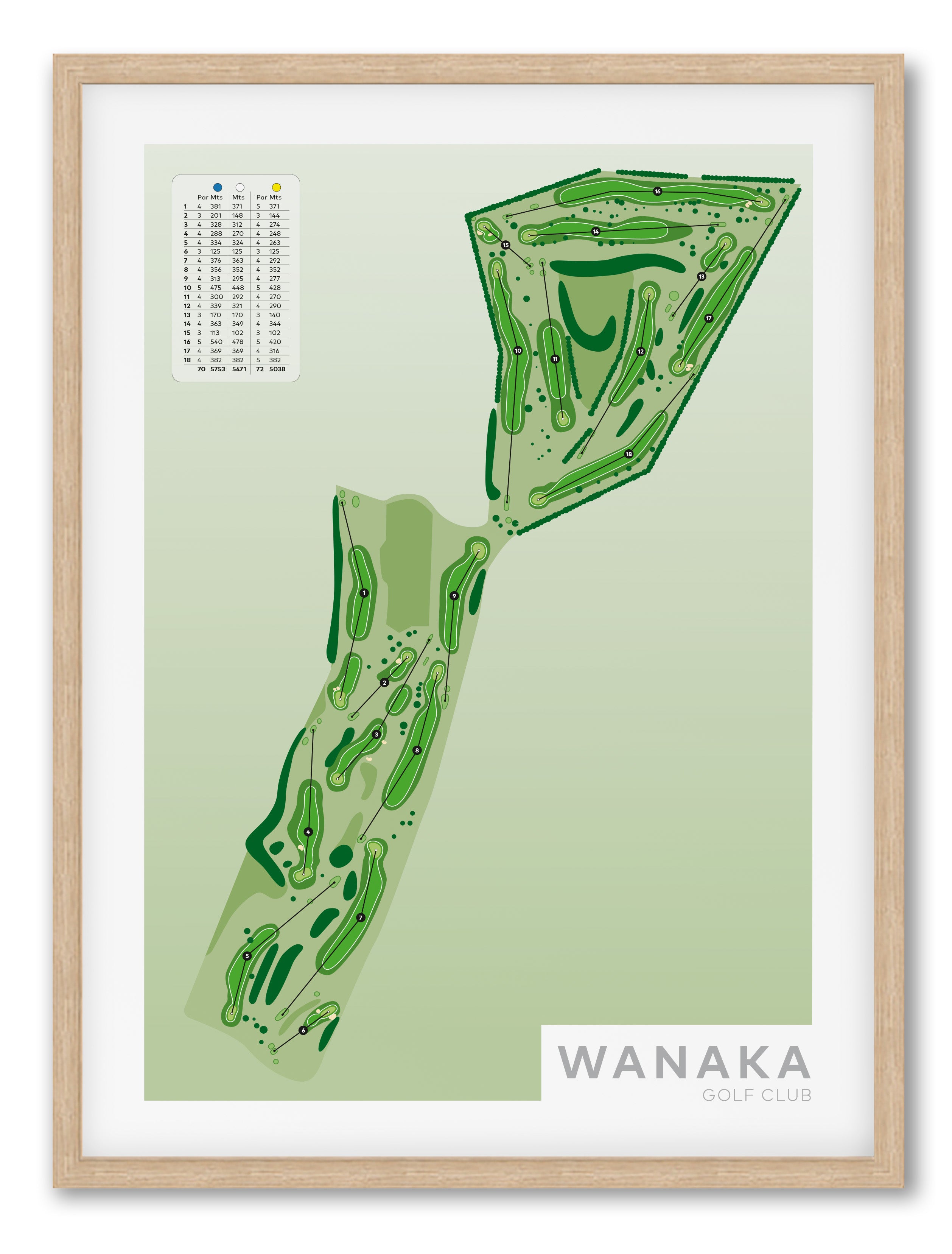 Oak framed Minimalist fine art map of Wanaka Golf Course, Otago, Queenstown Lakes Region, New Zealand