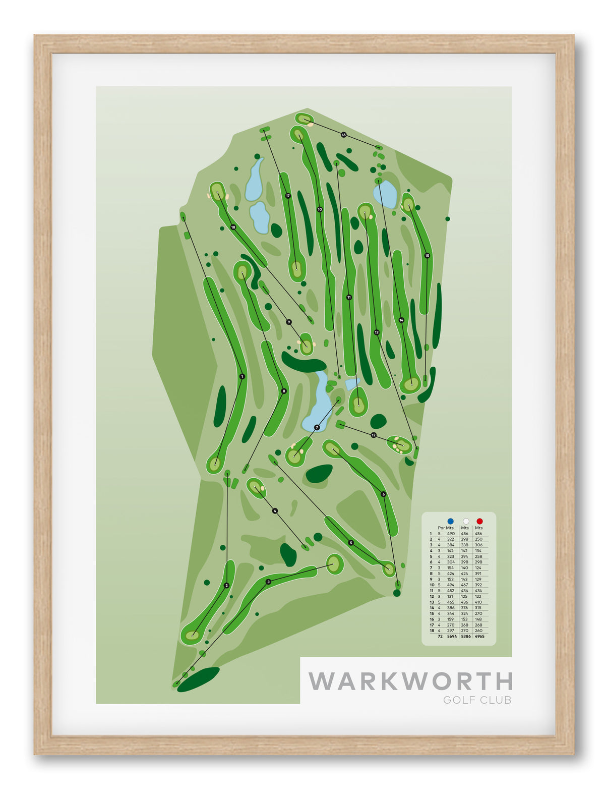 Oak framed Minimalist fine art map of Warkworth Golf Course, Auckland region, New Zealand