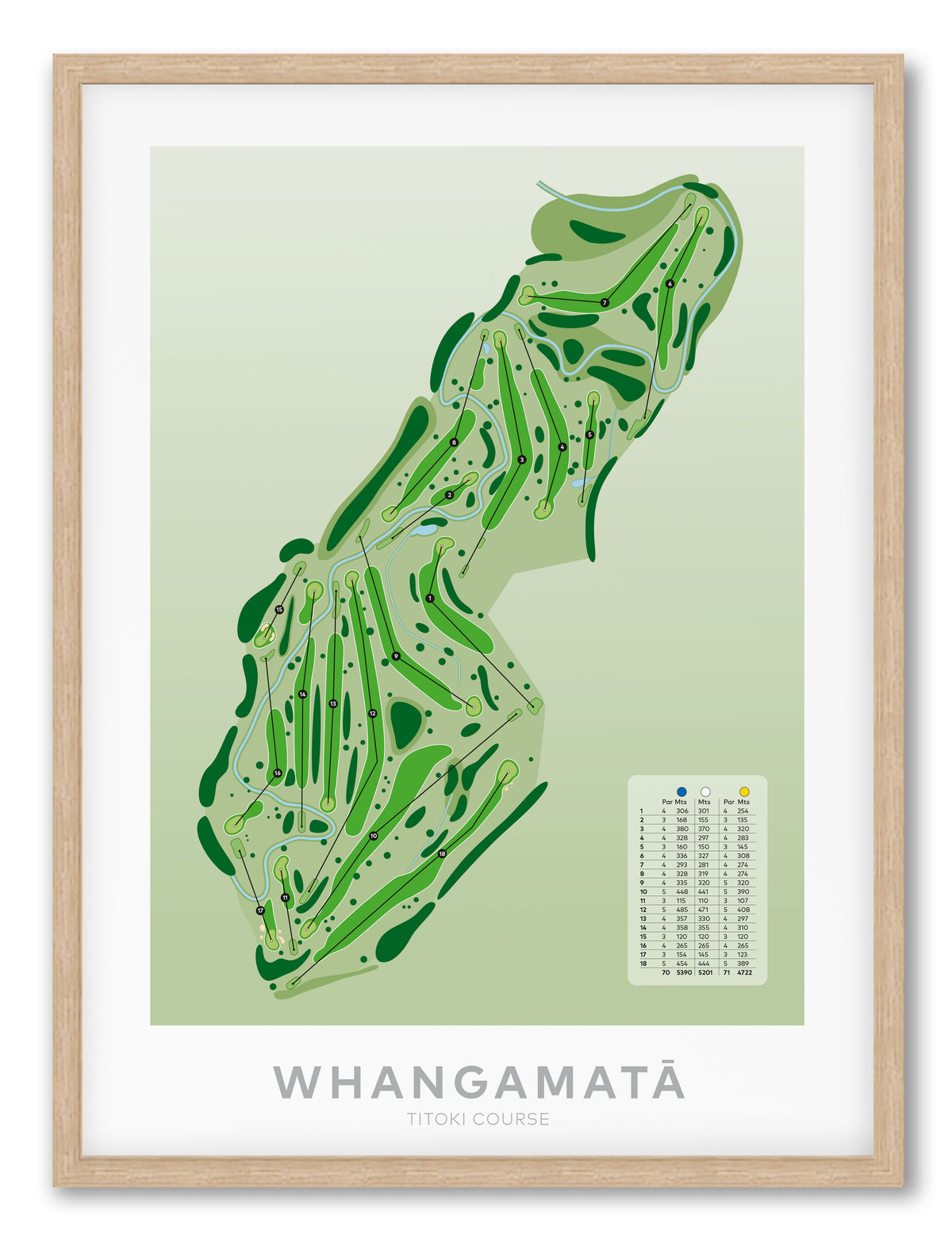 Oak  framed golf course map print of Whangamata Titoki Course, featuring green course paths on a pale green background, with a light wood frame and white mat.