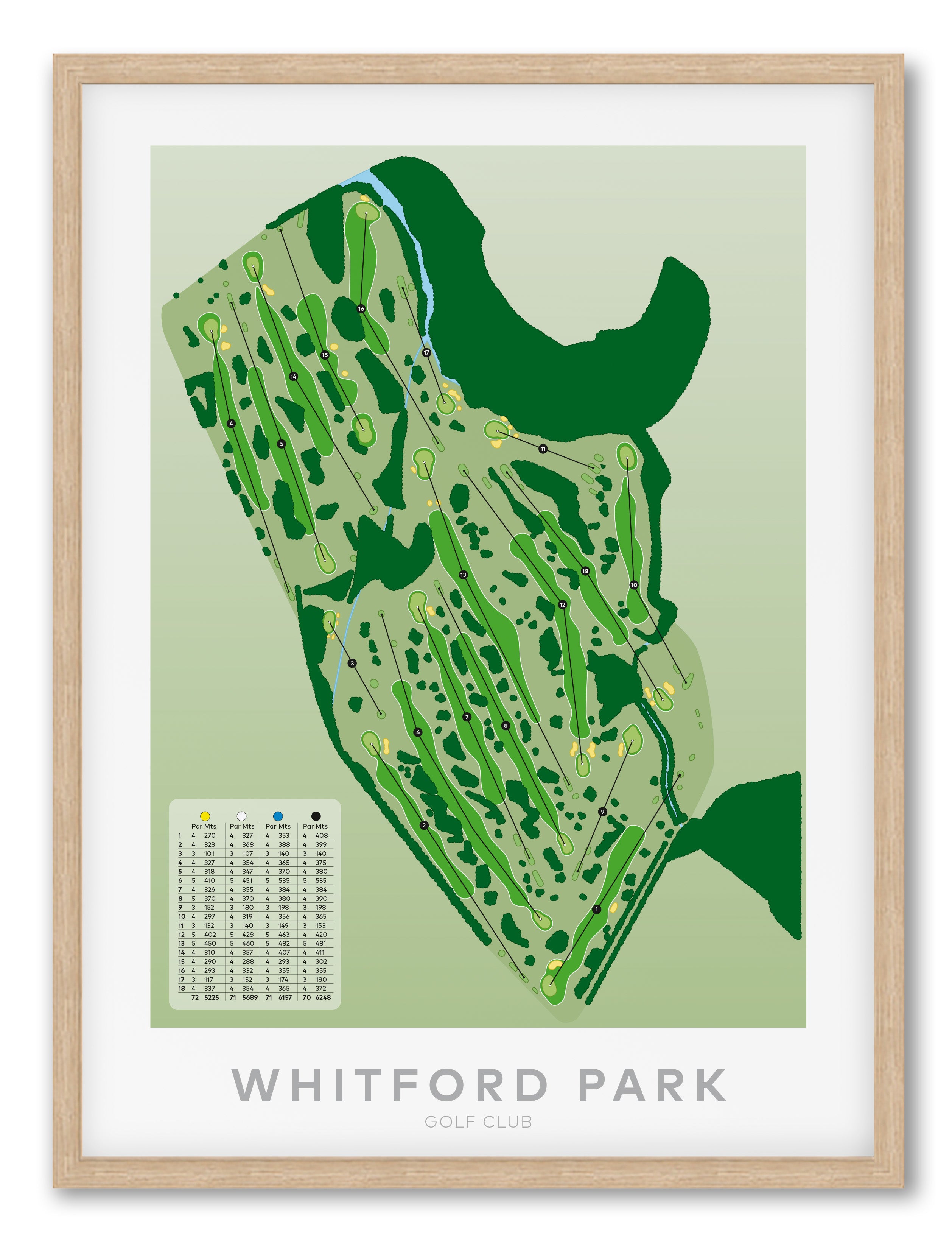 Oak framed Minimalist fine art map of Whitford Park Golf Course, Auckland, New Zealand