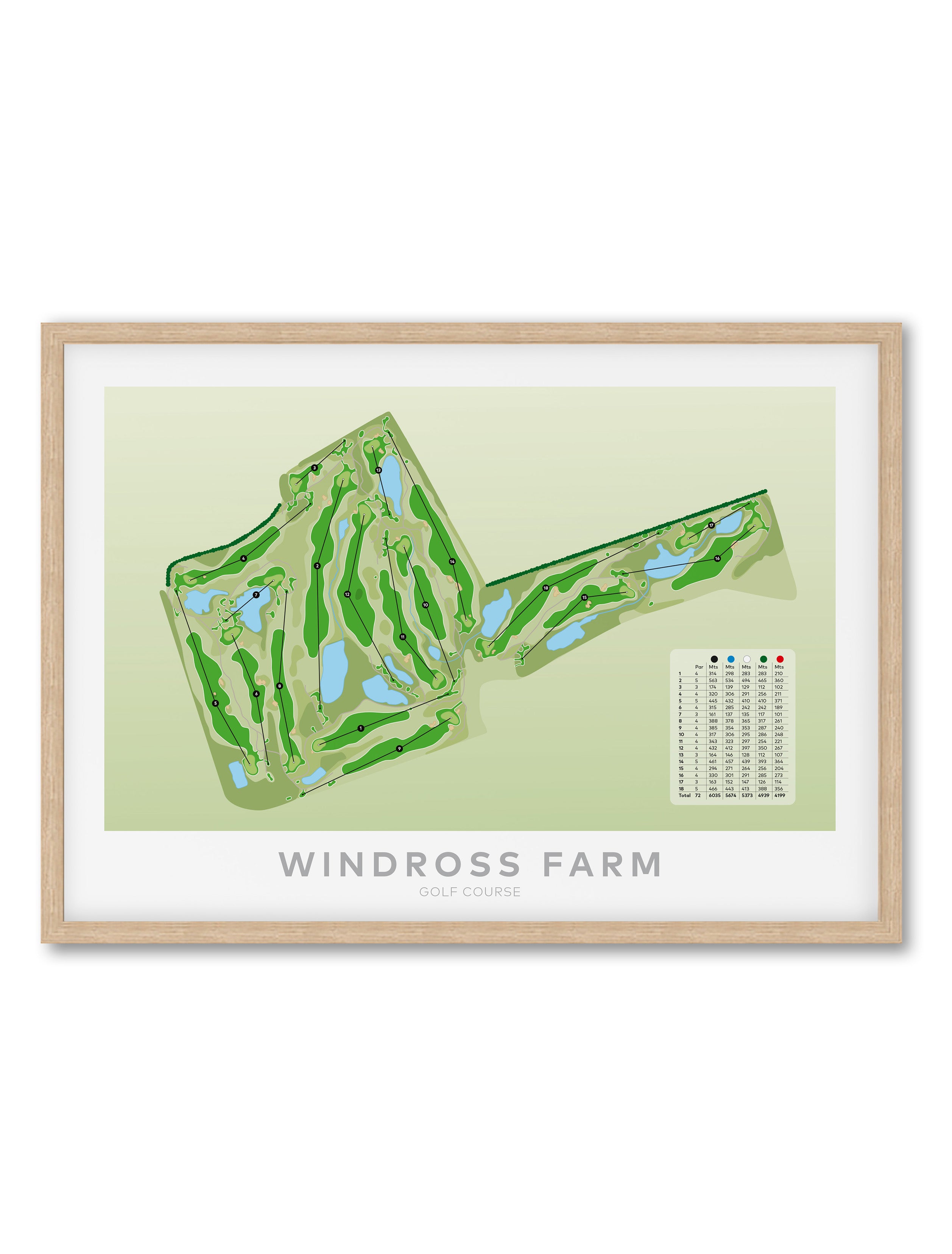 Oak Framed Minimalist fine art map of Windross Farm Golf Course, Auckland, New Zealand