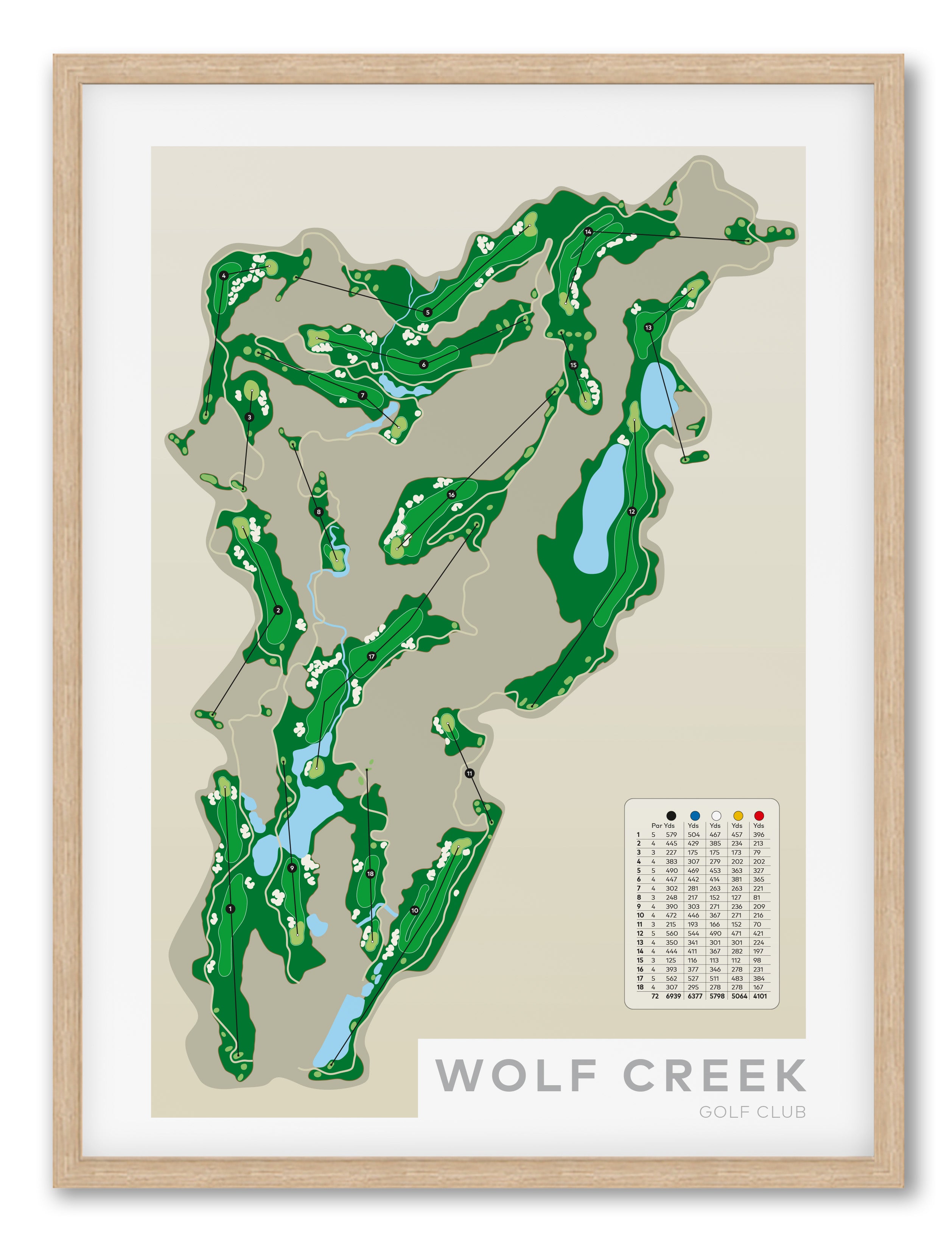 Oak framed Minimalist fine art map of Wolf Creek Golf Course, Nevada USA