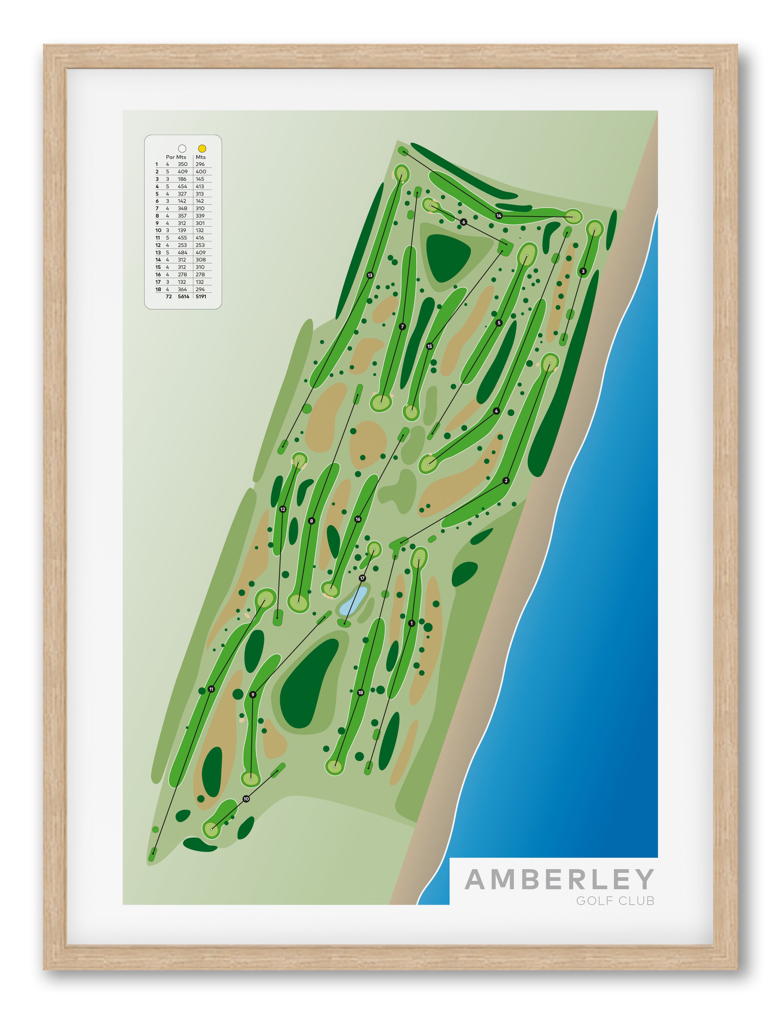 Oak framed minimalist fine art map of Amberley Golf Course, Christchurch, Canterbury, New Zealand