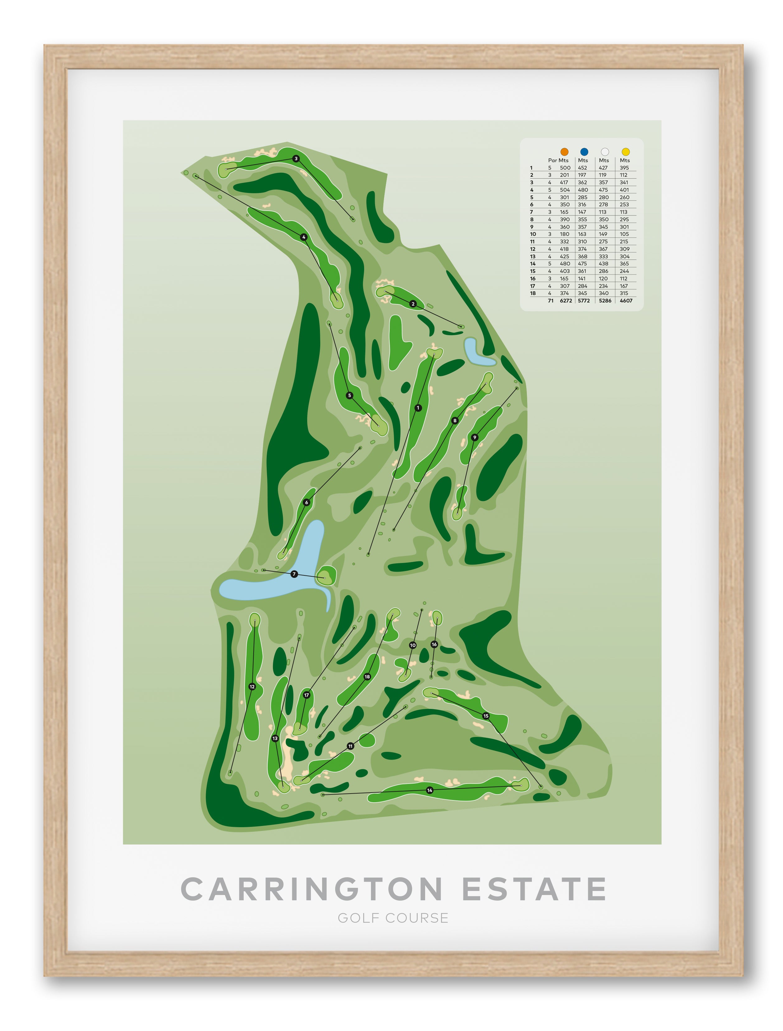 Oak framed minimalist fine art map of Carrington Estate Golf Course, Northland, New Zealand