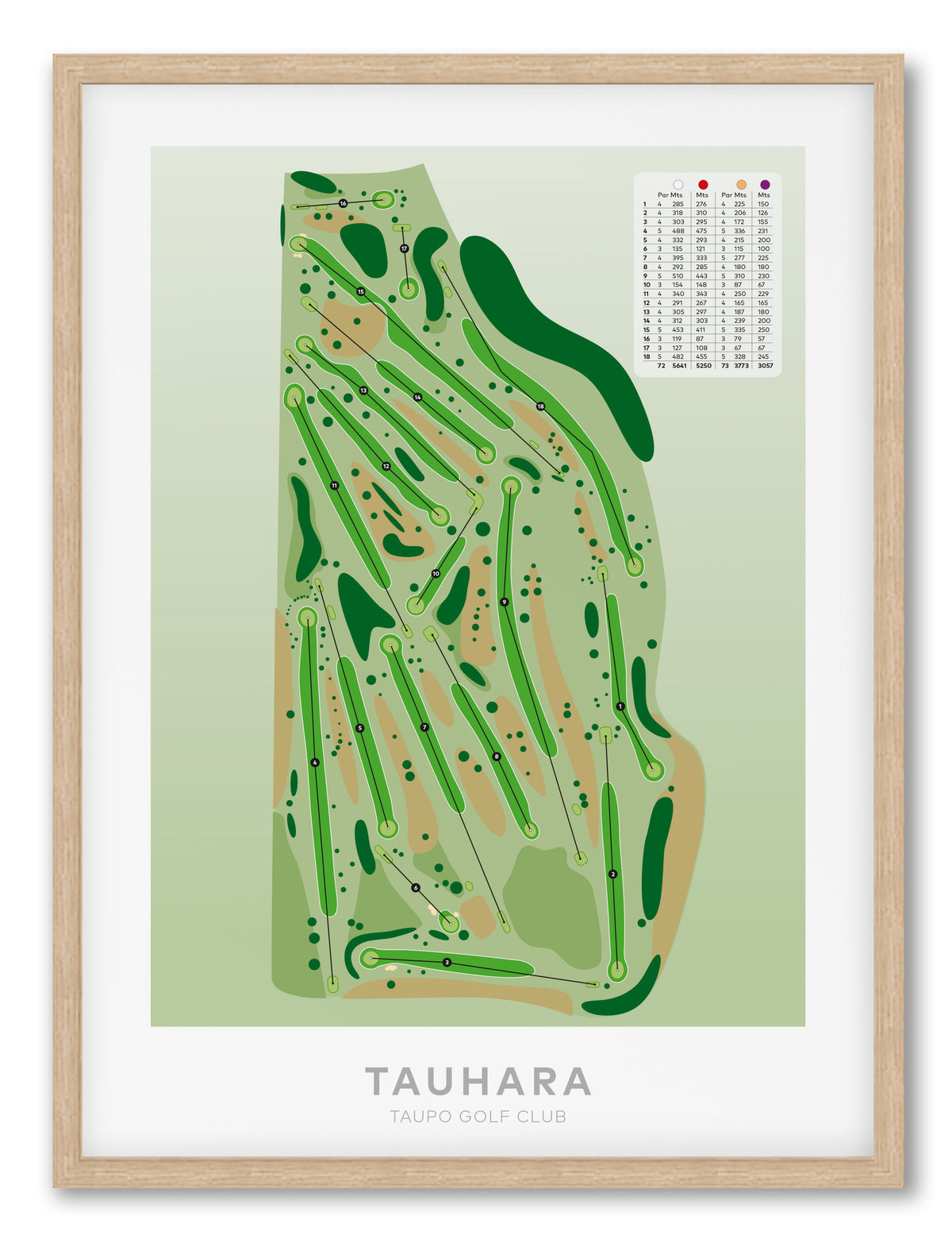 Oak framed Minimalist fine art map of Taupo - Tauhara Golf Course, Waikato, New Zealand