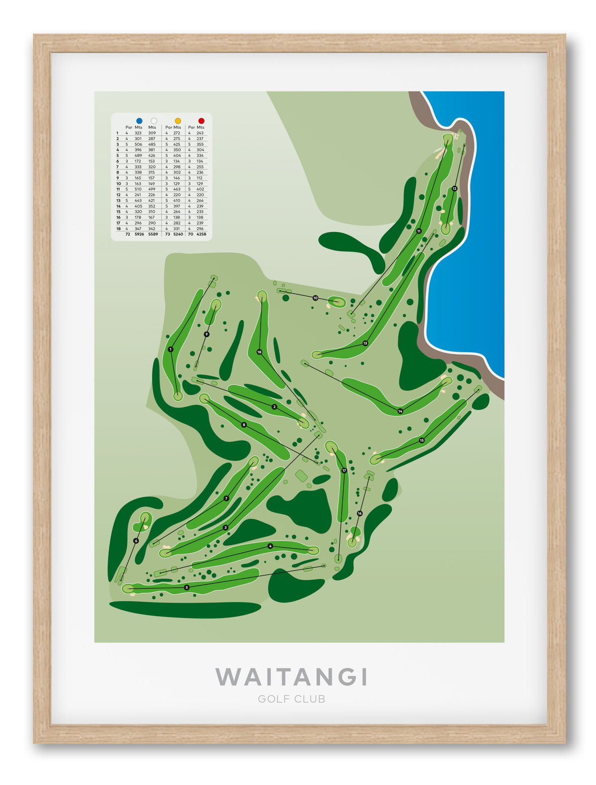 Oak framed Minimalist fine art map of Waitangi Golf Course, Northland, New Zealand