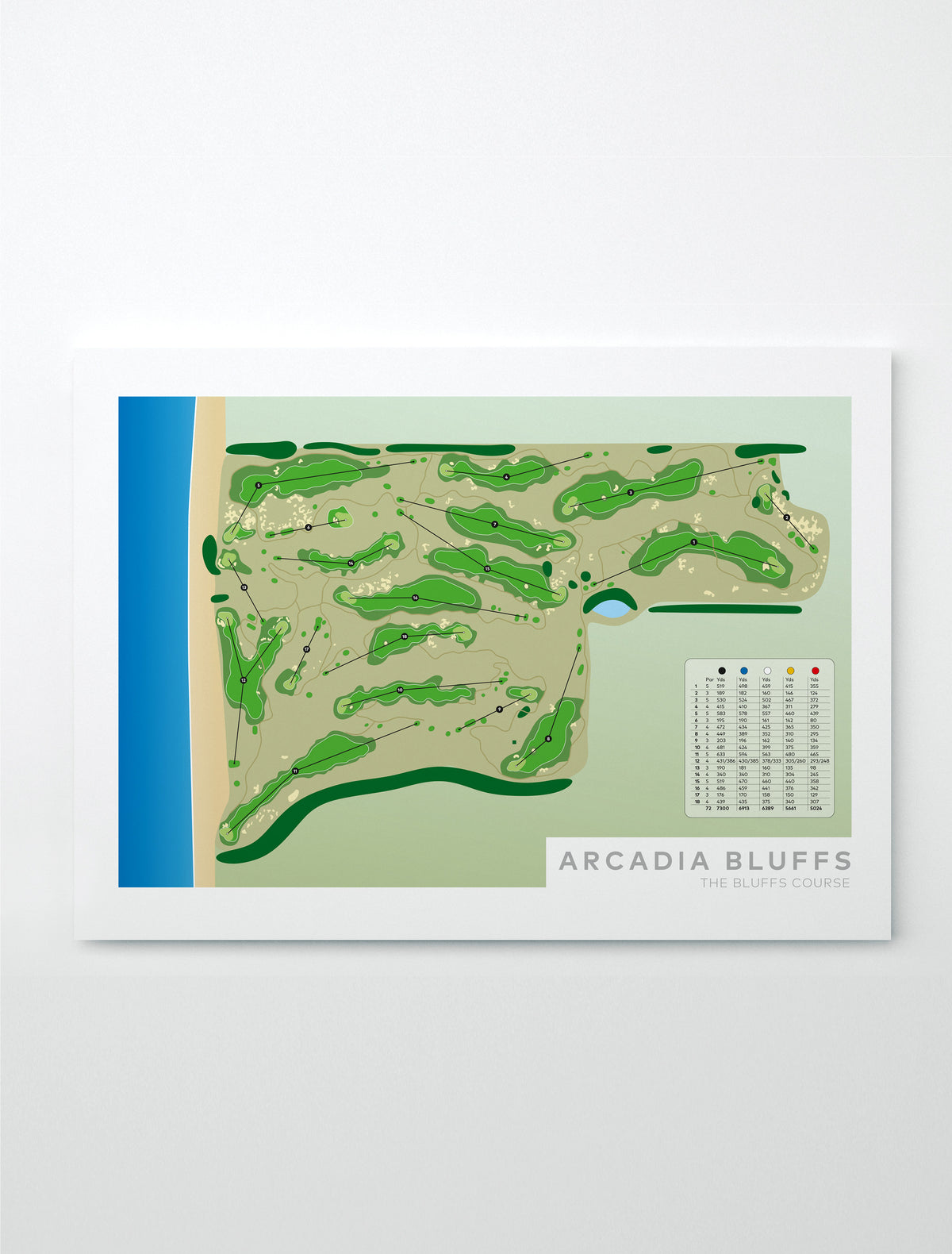 Unframed minimalist fine art map of Arcadia Bluffs Golf Course, Michigan, Midwest, Manistee County, USA