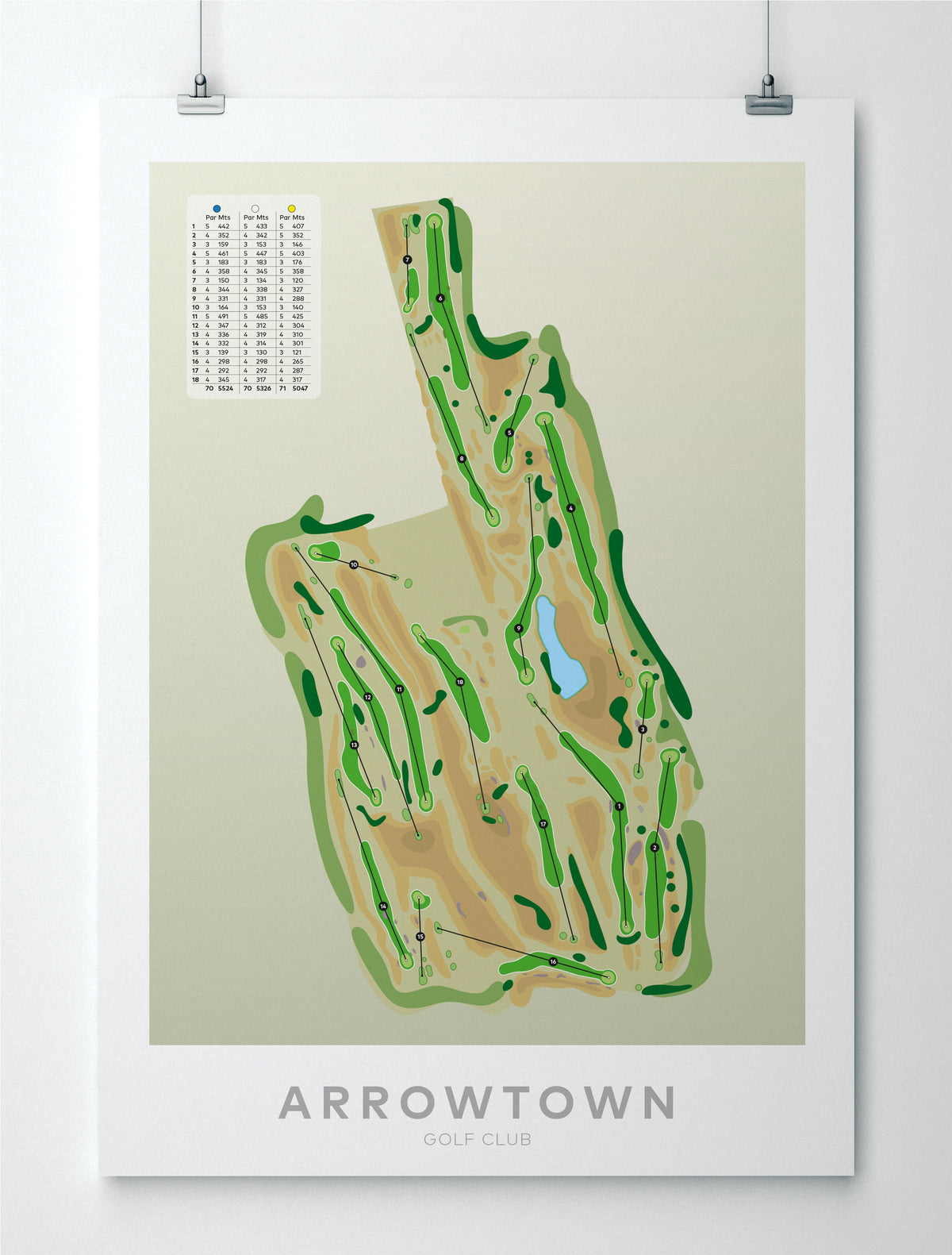 Unframed minimalist fine art map of Arrowtown Golf Course, Queenstown Lakes Region, Otago, New Zealand