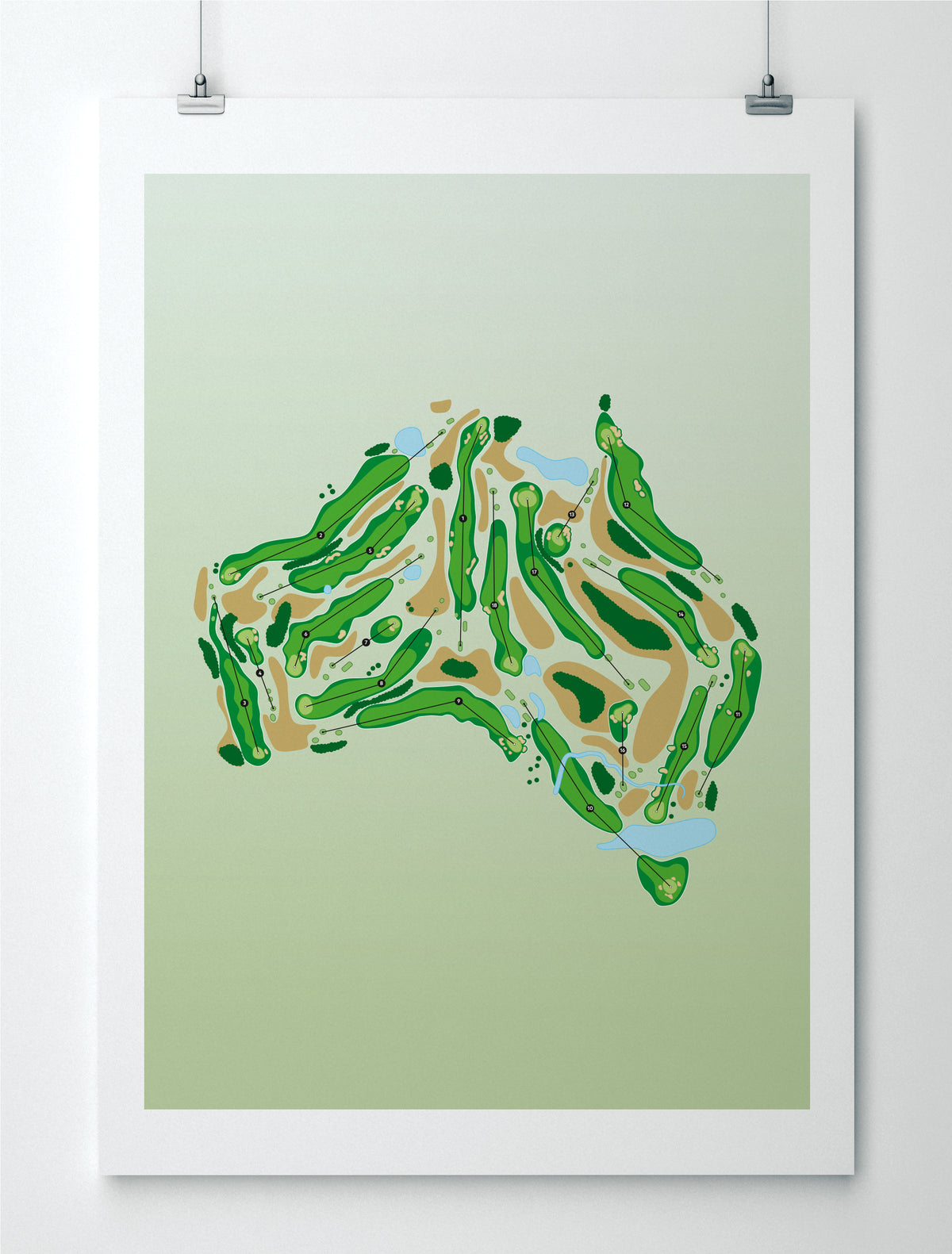 Black framed minimalist fine art map of Australia Golf Course, concept artwork