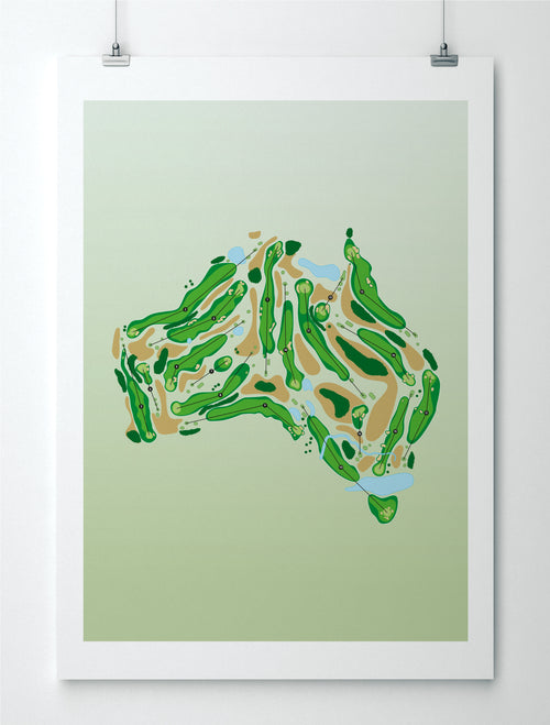 Black framed minimalist fine art map of Australia Golf Course, concept artwork