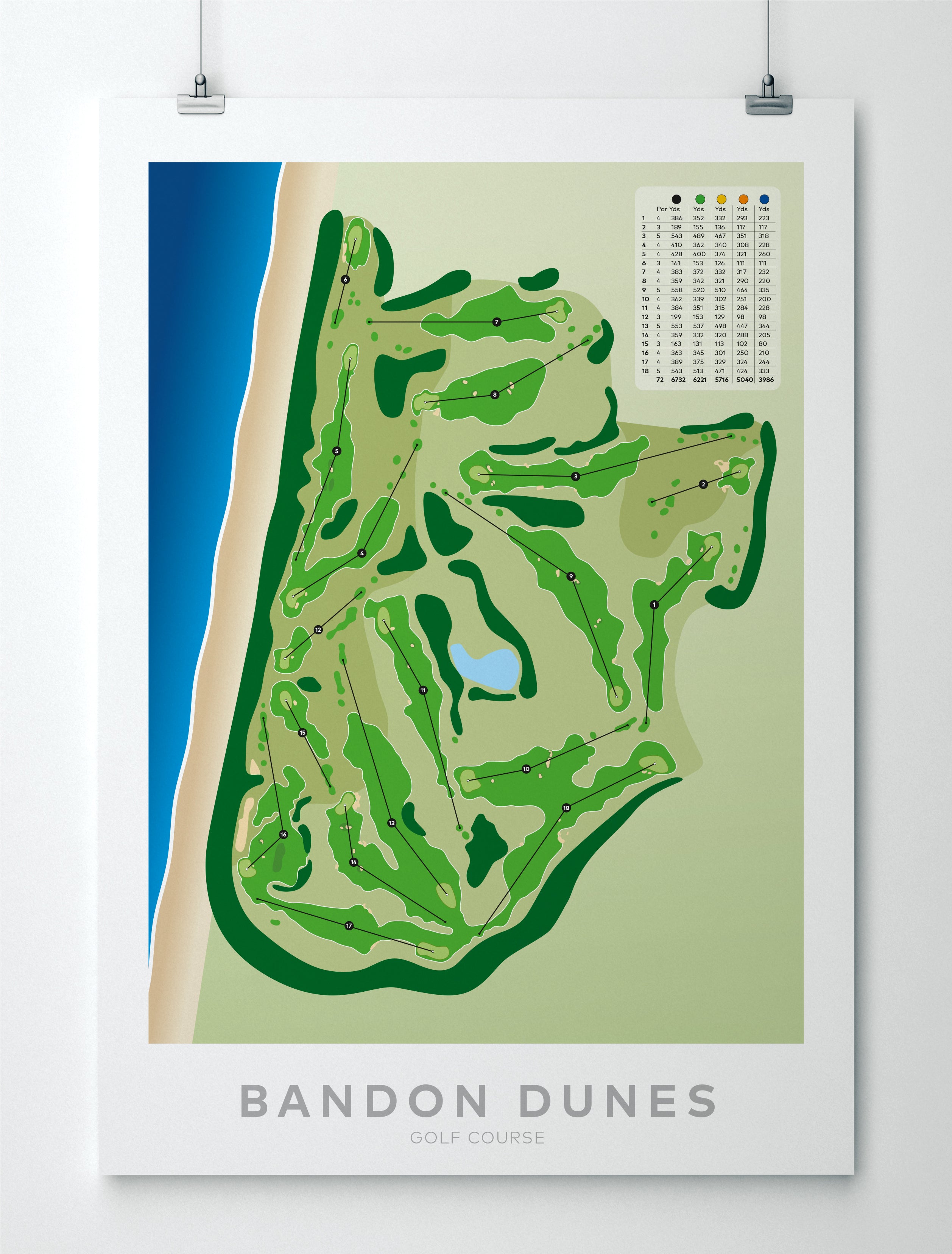 Unframed minimalist fine art map of Bandon Dunes Golf Course, Oregon, Pacific Northwest, Coos Country, USA