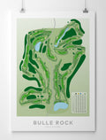 A minimalist golf course map poster for Bulle Rock Golf Course, featuring a stylized green layout with water hazards and a pars list on a white background, hanging from two black clips.