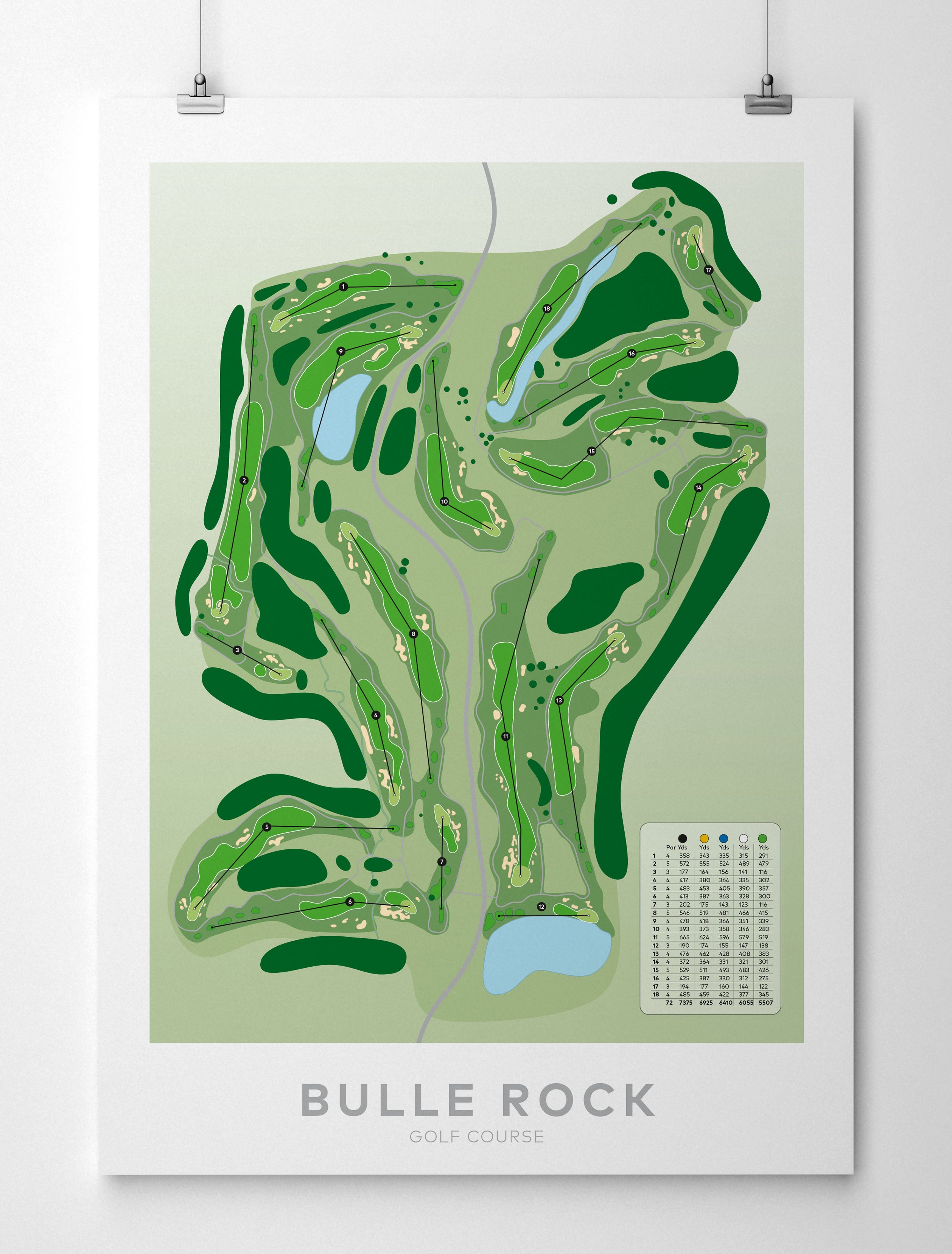 A minimalist golf course map poster for Bulle Rock Golf Course, featuring a stylized green layout with water hazards and a pars list on a white background, hanging from two black clips.