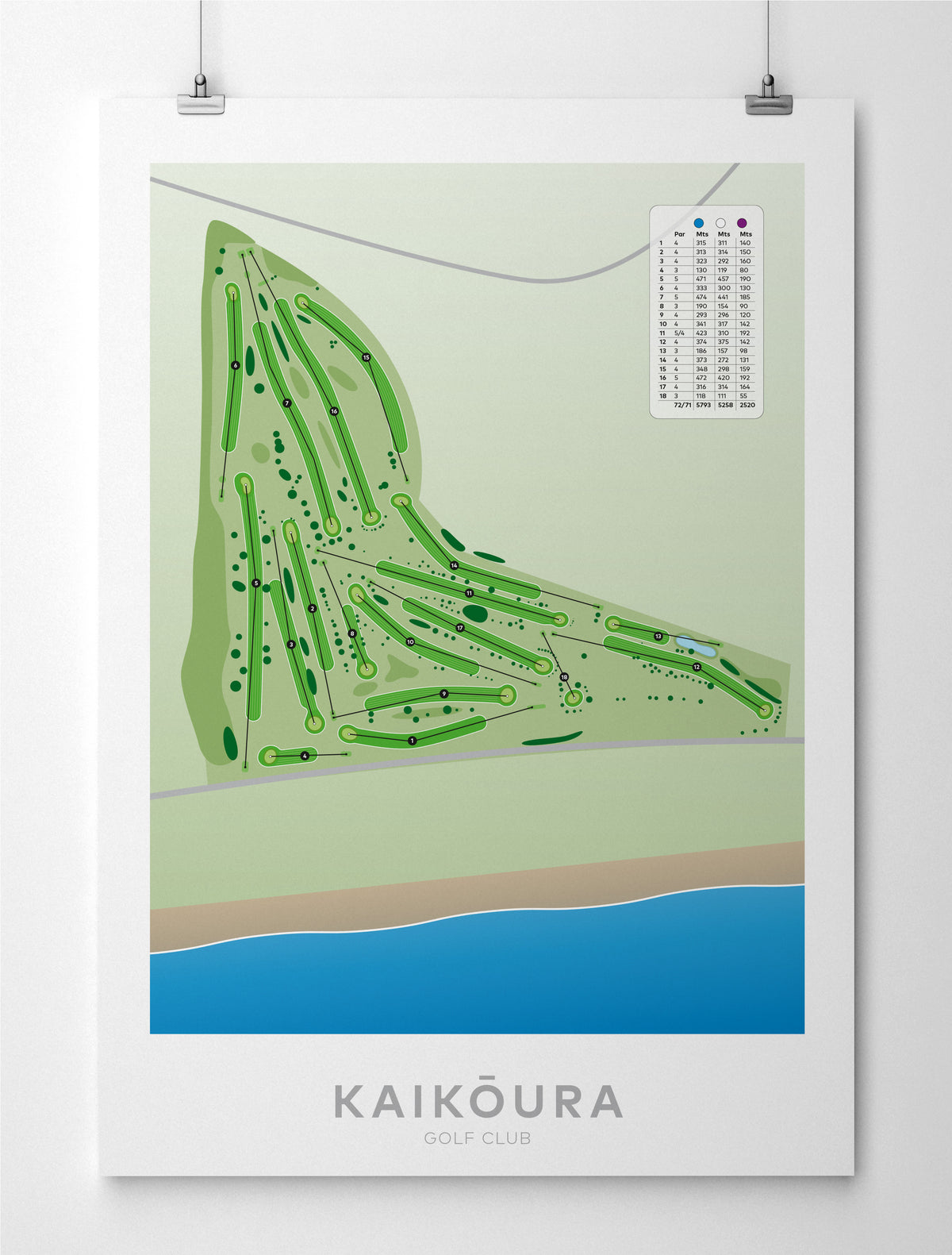 Paper unframed Minimalist fine art map of Kaikoura Golf Course, Canterbury, New Zealand