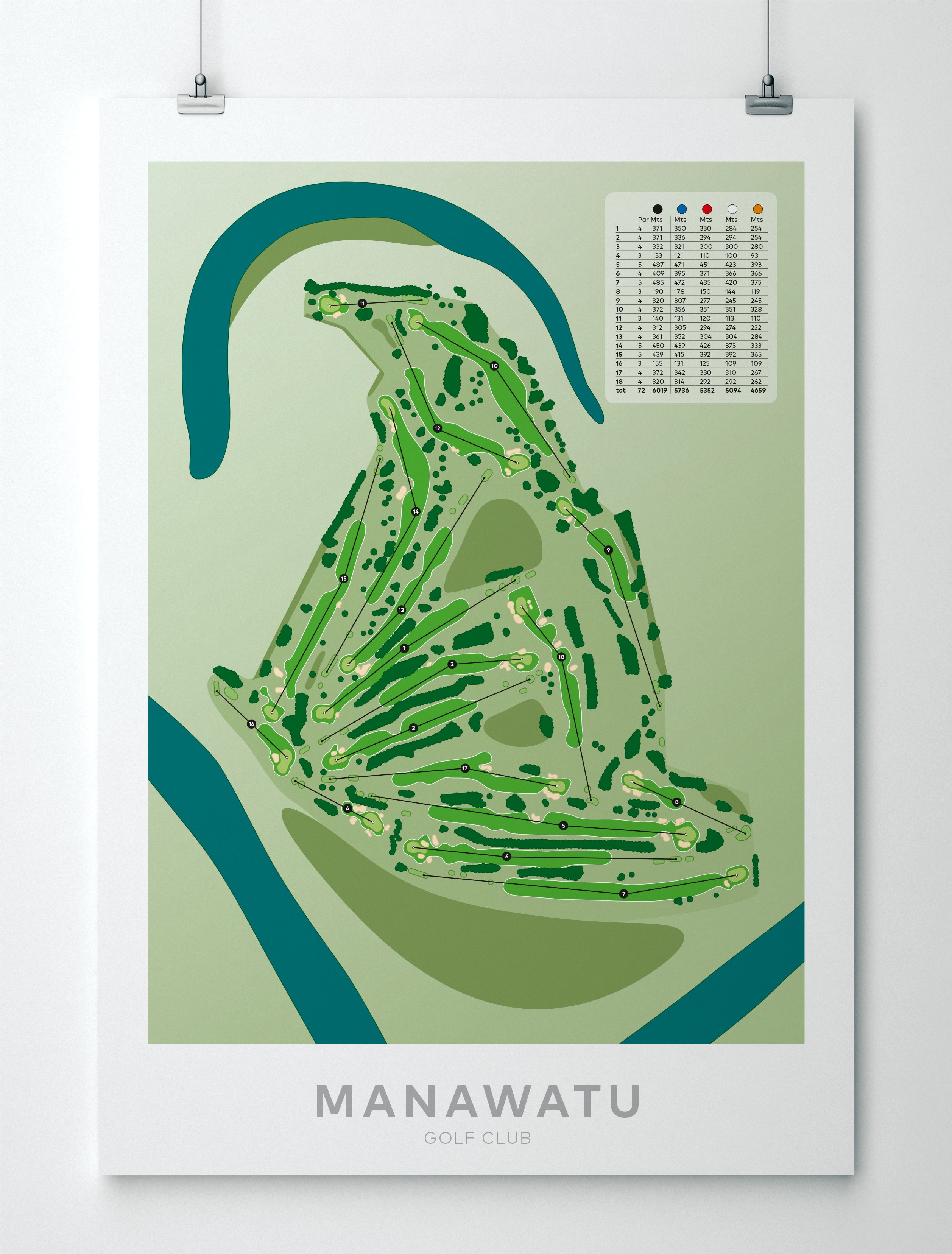 Unframed minimalist fine art map of Manawatu Golf Course, Palmerston North, Taranaki, New Zealand.