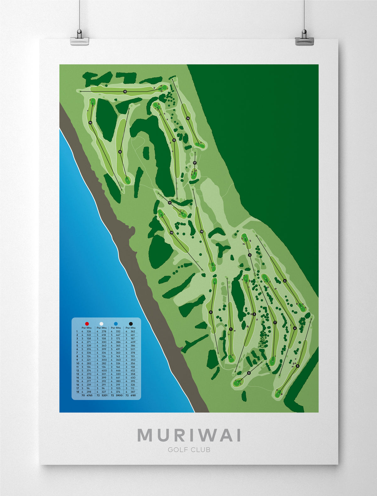 Unframed minimalist fine art map of Muriwai Golf Course, West Auckland, New Zealand