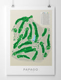 A minimalist golf course map poster for Papago Golf Club, featuring green fairways and holes on a beige background with a white border and the club name printed at the bottom.