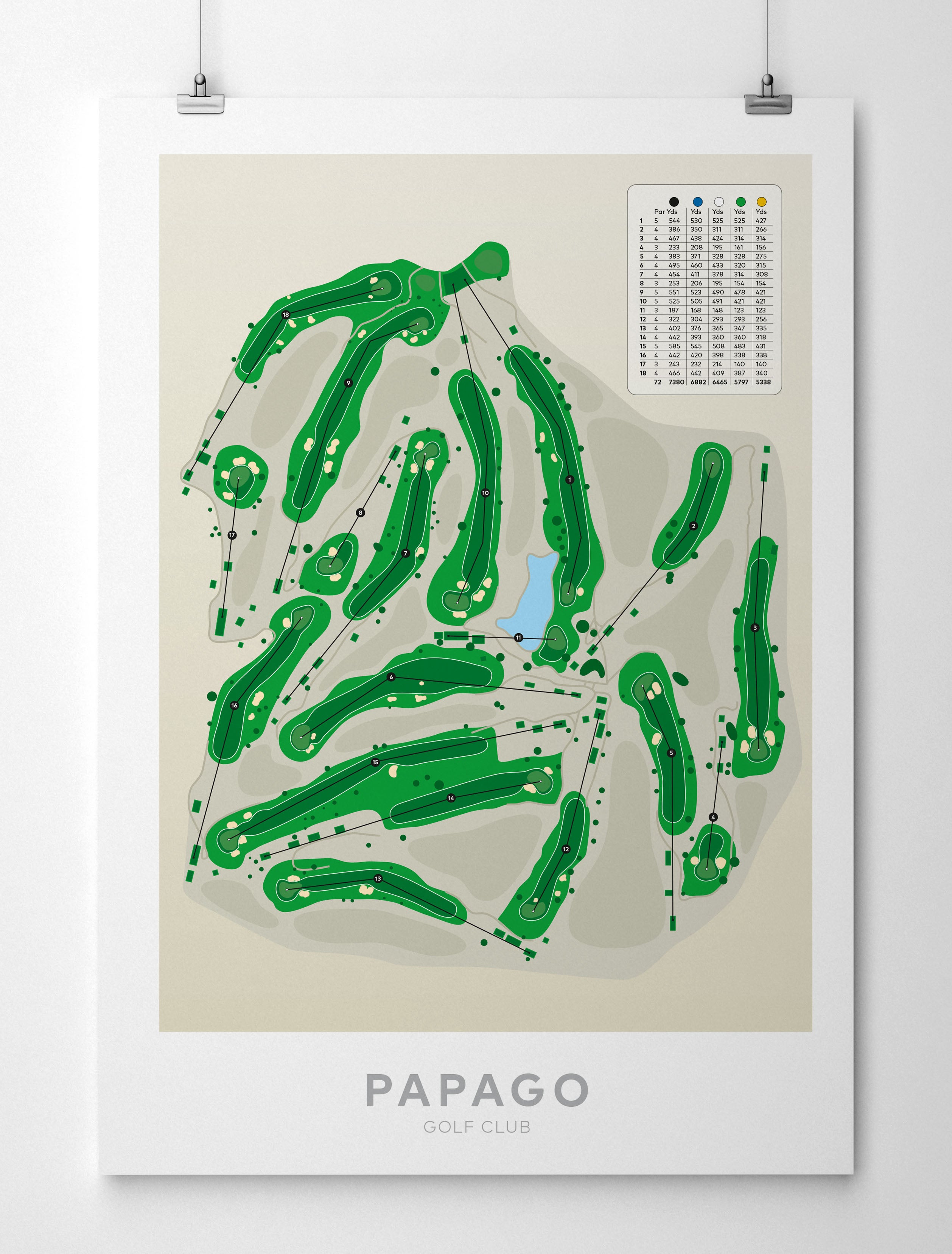 A minimalist golf course map poster for Papago Golf Club, featuring green fairways and holes on a beige background with a white border and the club name printed at the bottom.