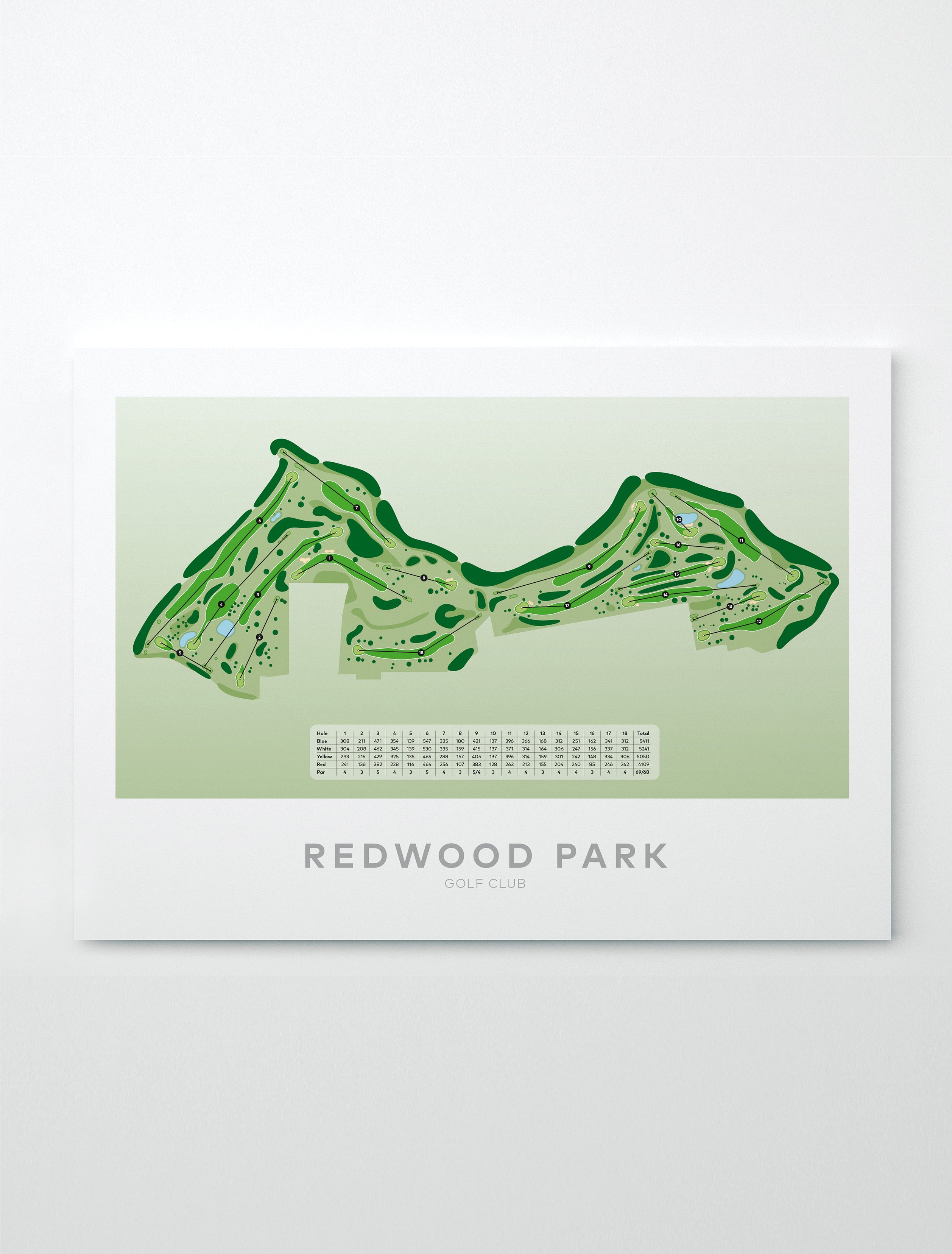Paper unframed golf course map print for Redwood Park Golf Club