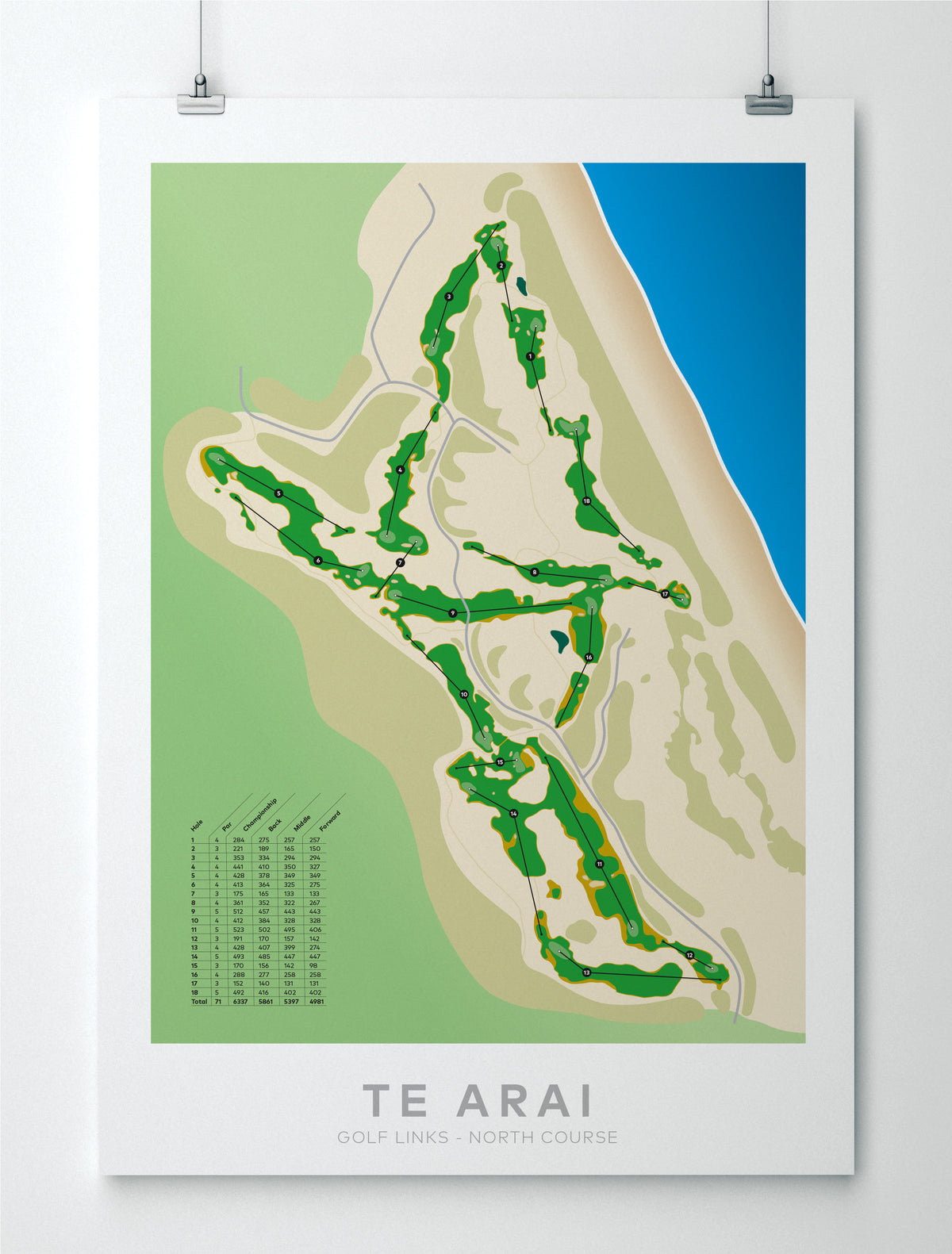 Unframed Minimalist fine art map of Te Arai - North Golf Course, Northland, New Zealand