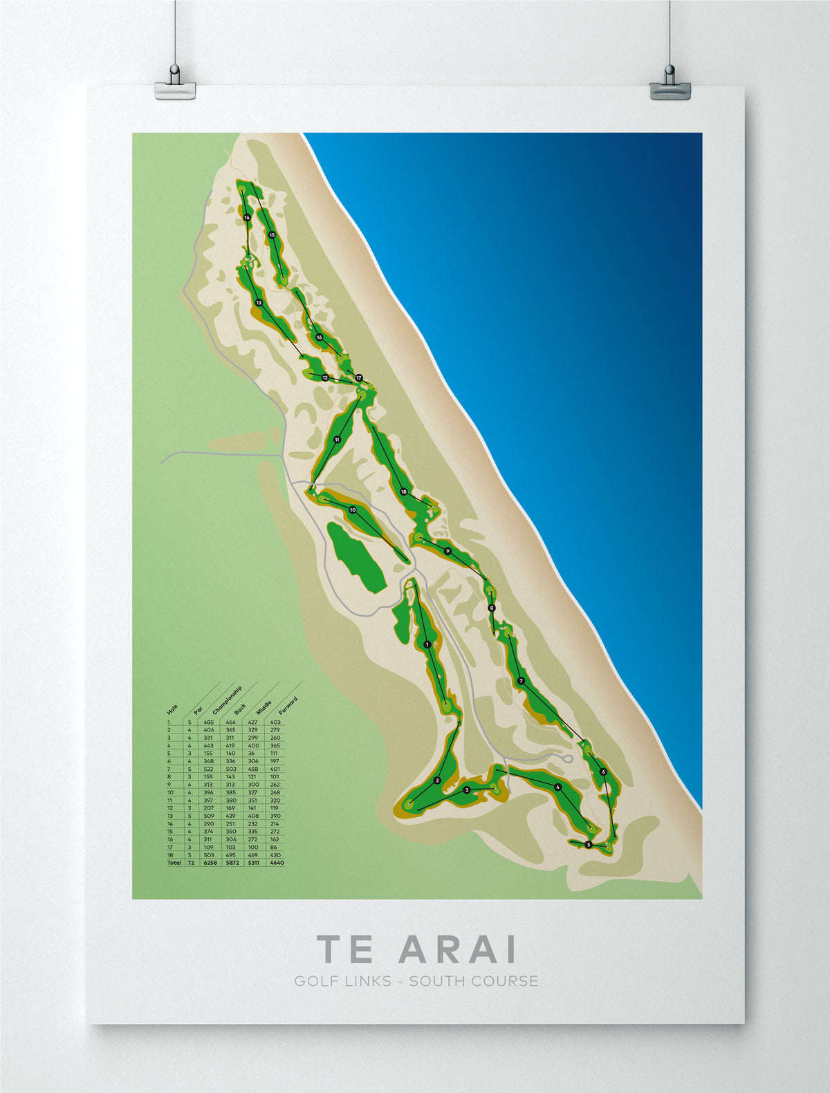 Unframed Minimalist fine art map of Te Arai - South Golf Course, Northland, New Zealand