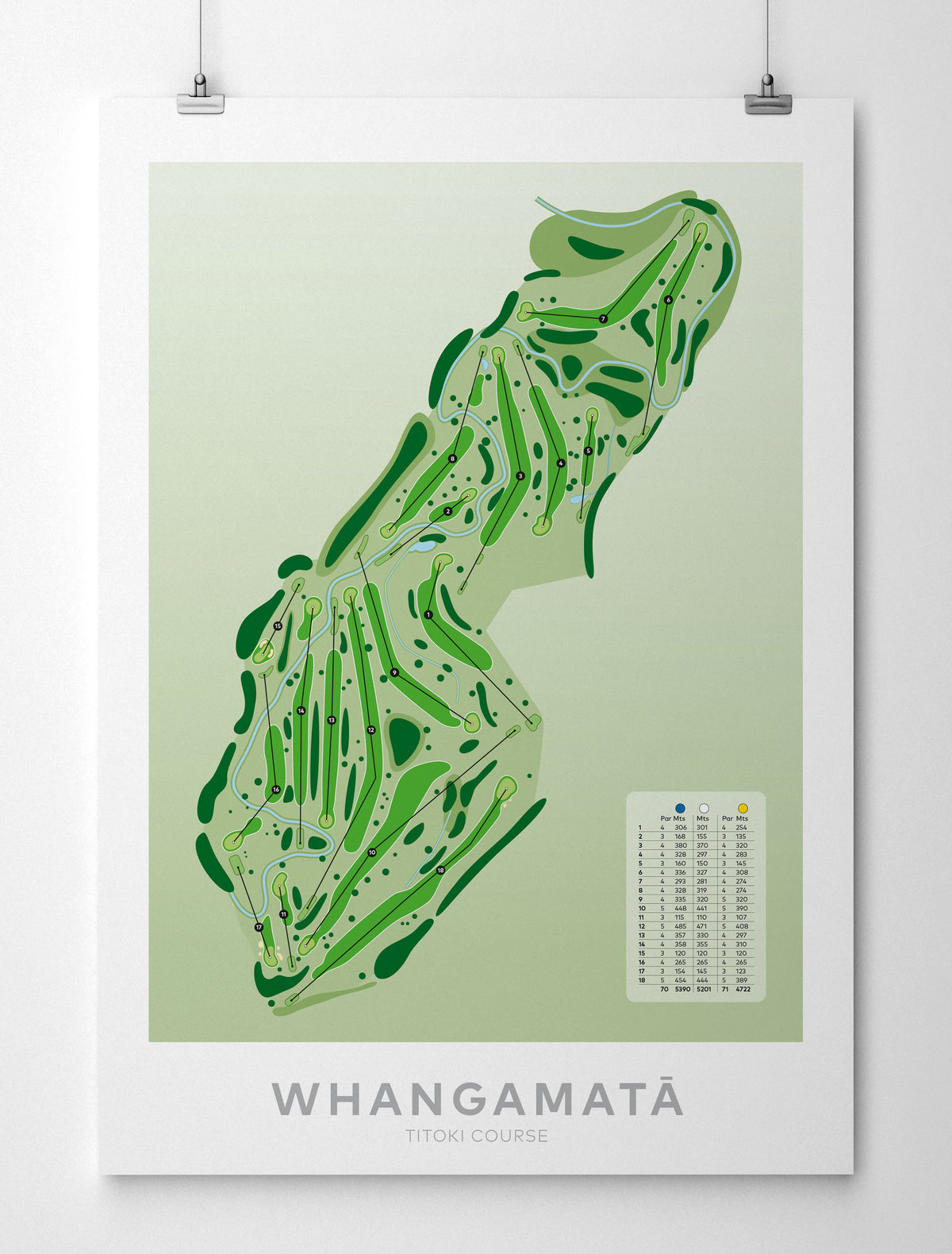 Unframed Paper minimalist golf course map of Whangamata Titoki Course, perfect wall decor and gift for golfers."